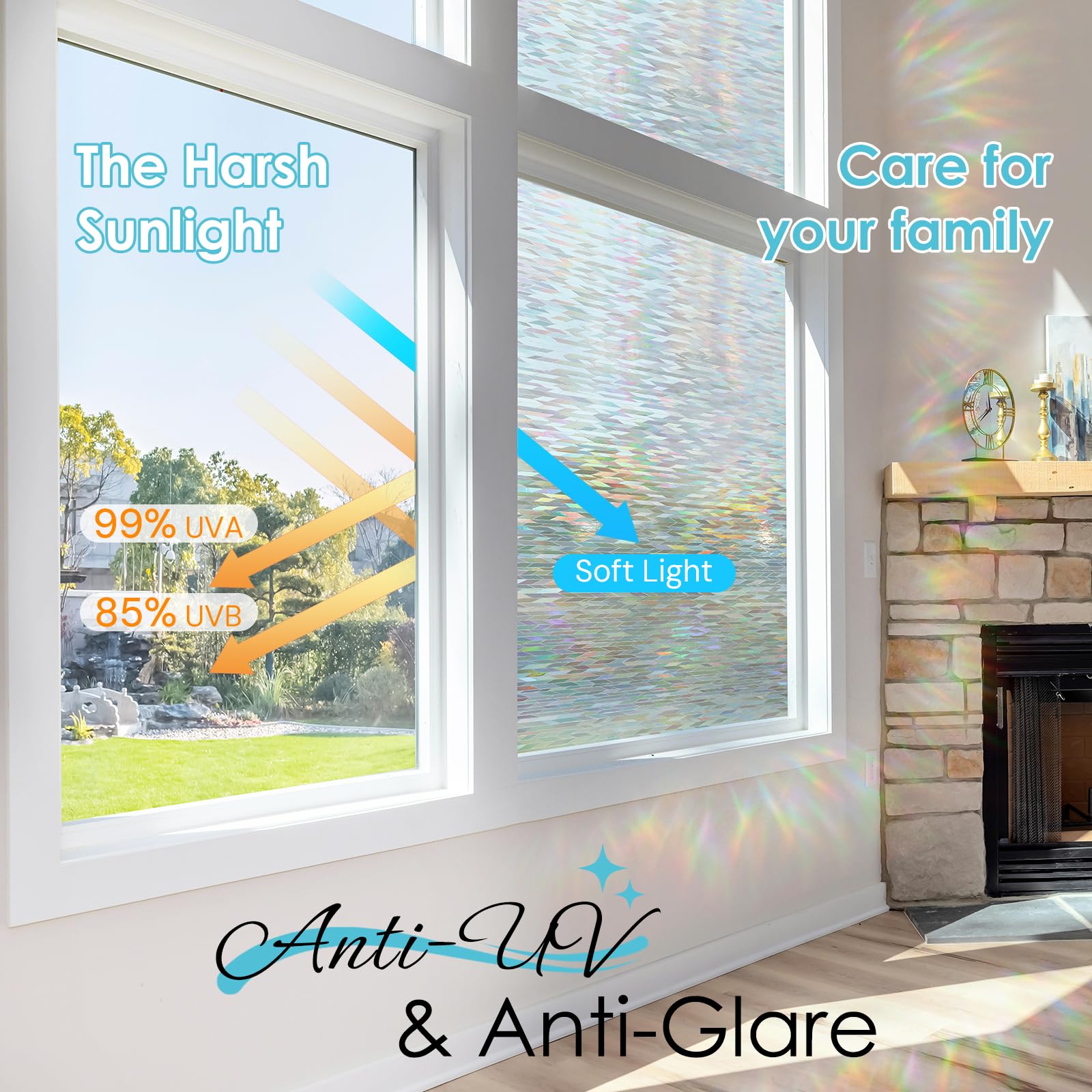 DOWELL Window Privacy Film, Rainbow Film Stained Glass 3D Decorative, Anti UV Window Decals, Removable Static Cling Glass Sticker for Home Door, Heat Control, 17.5