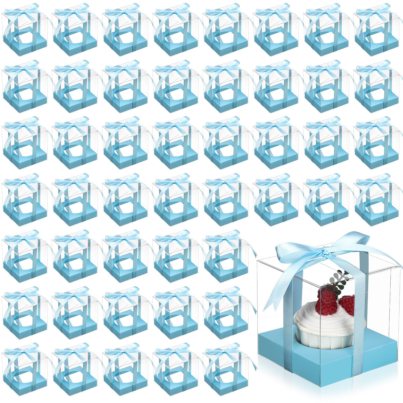 Thenshop 50 Pcs Clear Cupcake Boxes Individual 3.5 Inch, Light Blue