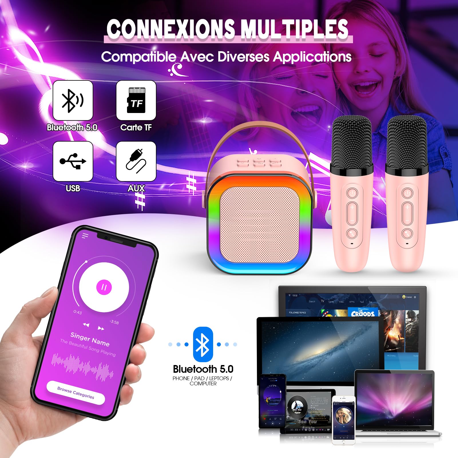 Dislocati Cadeau Fille 3-12 Ans Micro Karaoke Enfant Sans Fil Bluetooth Jouet pour Chanter Anniversaire - Karaoké Fêtes et Jeux à la Maison