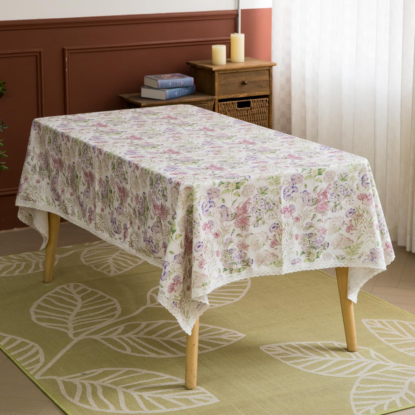 Glory Season Purple Floral Wrinkle-Resistant Watercolor Style Floral Rectangle Tablecloth With Lace Edge For Rectangular Oval Round Tables Rustic Table Cloth For Dining Kitchen Farmhouse Decor Gifts 55X84 Inch