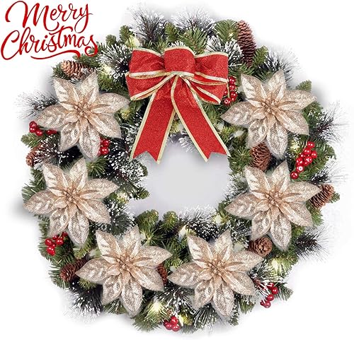 Miniatura 5 de GL-Turelfies - 12 flores de Navidad con purpurina (6.3 in6.3 pulgadas) con 12 clips de flores de pascua artificiales, decoración de flores de árbol