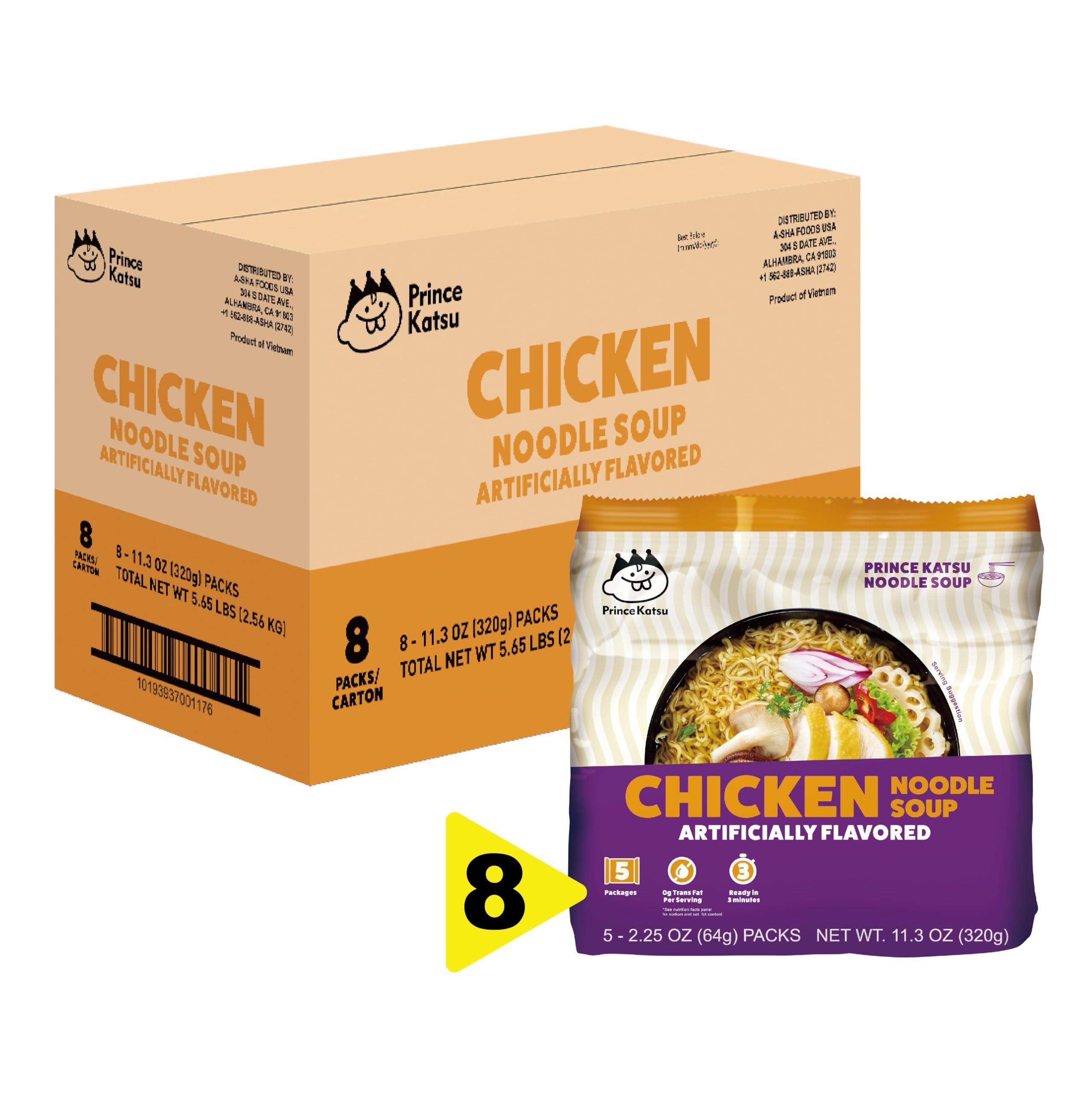 Prince Katsu Gourmet Instant Ramen Noodles, Chicken Flavored Noodle Soup, 8 Pack 40 Servings, Premium Microwaveable Ramen Soup Mix