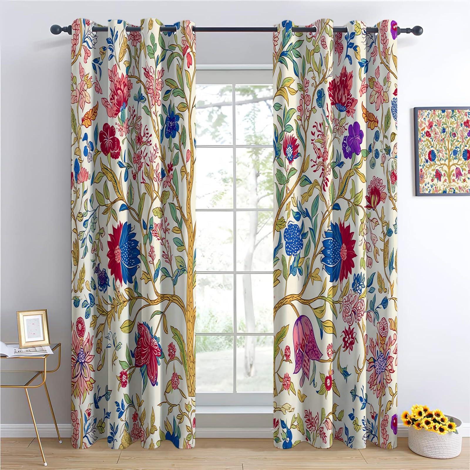 Whimsical Folk Art Window Blackout Curtains, William Morris Style Thermal Insulated Blackout Curtains, Grommet Window Drapes Treatment 2 Panels Sets for Bedroom Living Room Decor, 46 x 54 inch