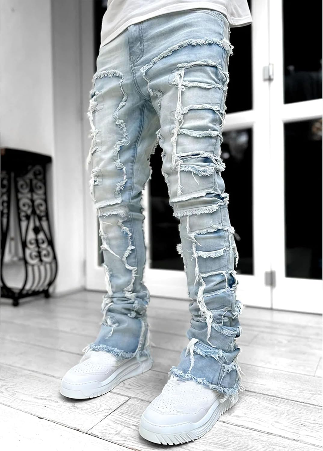 Mens Stacked Jeans Y2k Slim Fit Skinny Ripped Jeans Distressed Destroyed Denim Pants Emo Hip Hop Jeans - Image 4