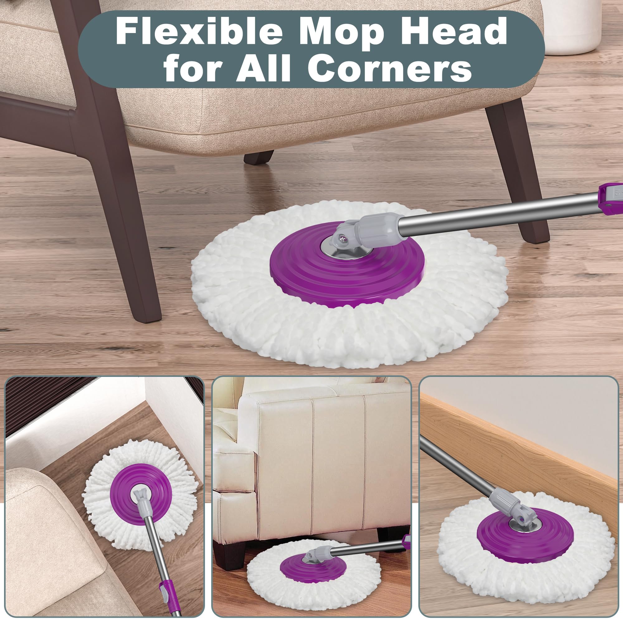 Mopa giratoria de doble compartimento y cubo, fregona y cubo con juego de escurridor, fregona giratoria de 360° para limpieza de suelos con 6 cabezales de repuesto de microfibra, mango extendido de 61