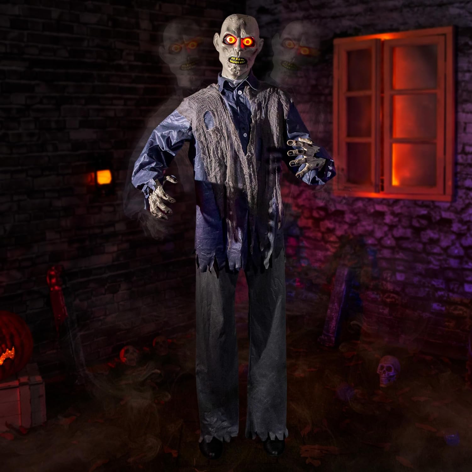 Halloween Animatronics 6ft Zombie, Standing 72" Animated Decorations with Sensor Activated, Creepy Sound, Scary Move, Light Up Eyes, Haunted House Spooky Decor Horror Prop for Indoor, Outdoor, Yard