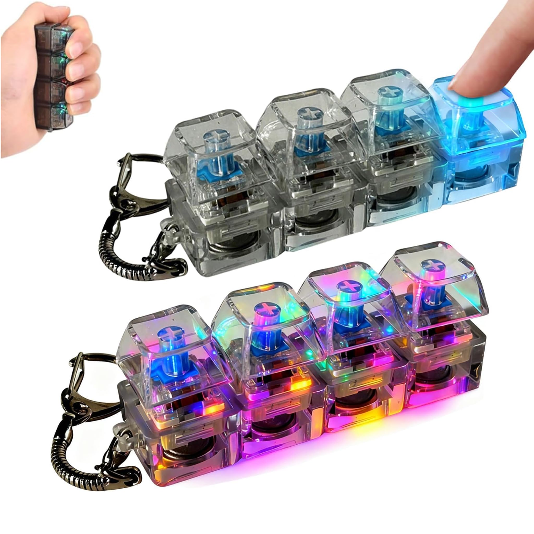 2Pcs Keyboard Fidget Toy Light Up, 4 Button Clicky Keychain Stress Relief Toy, Portable Glowing Fidgets Keyring for Adults Kids, Cool Sensory Calming Toys for Office School Travel (Transparent)