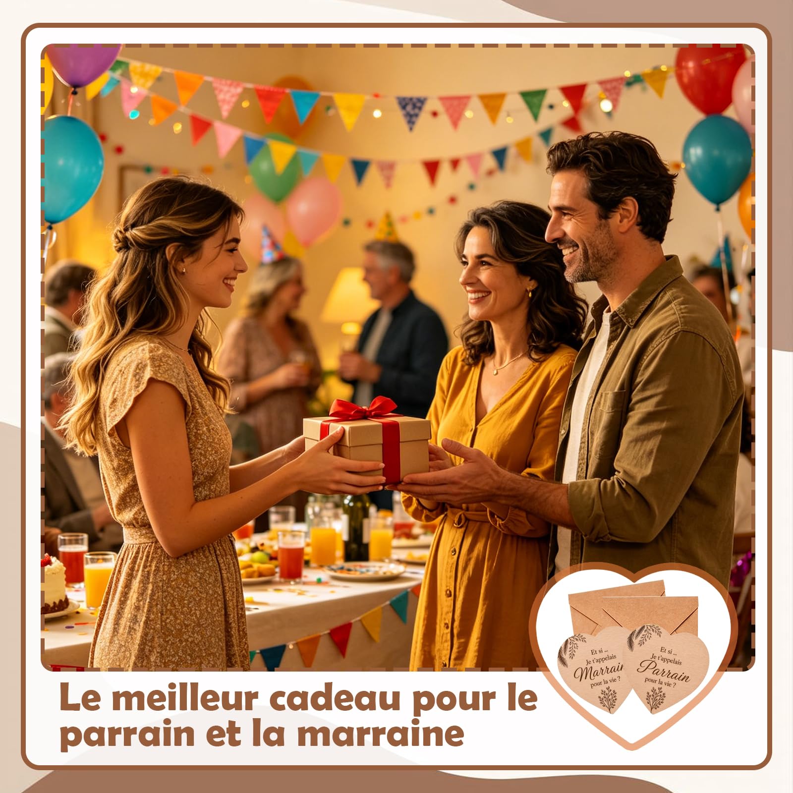 Cœurs Gravés Parrain Demande Marraine Baptême Naissance Lot 4 Pièces 10x9 cm Enveloppes Kraft Cadeau Bébé Famille