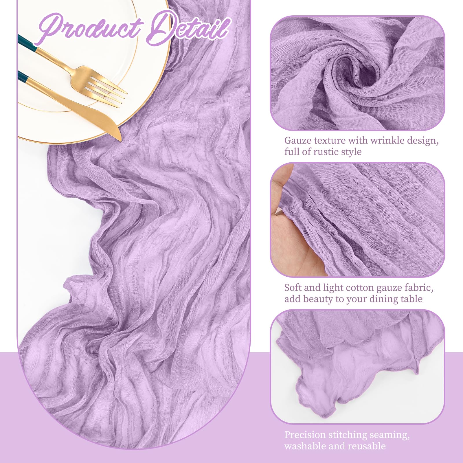 16 Pack Cheesecloth Table Runner Light Purple,10 ft Gauze Table Runner Long Semi-Sheer Rustic Boho Table Runners for Wedding,Bridal Shower,Party,Banquet Decoration(21.5 x 120 Inch) - Image 3