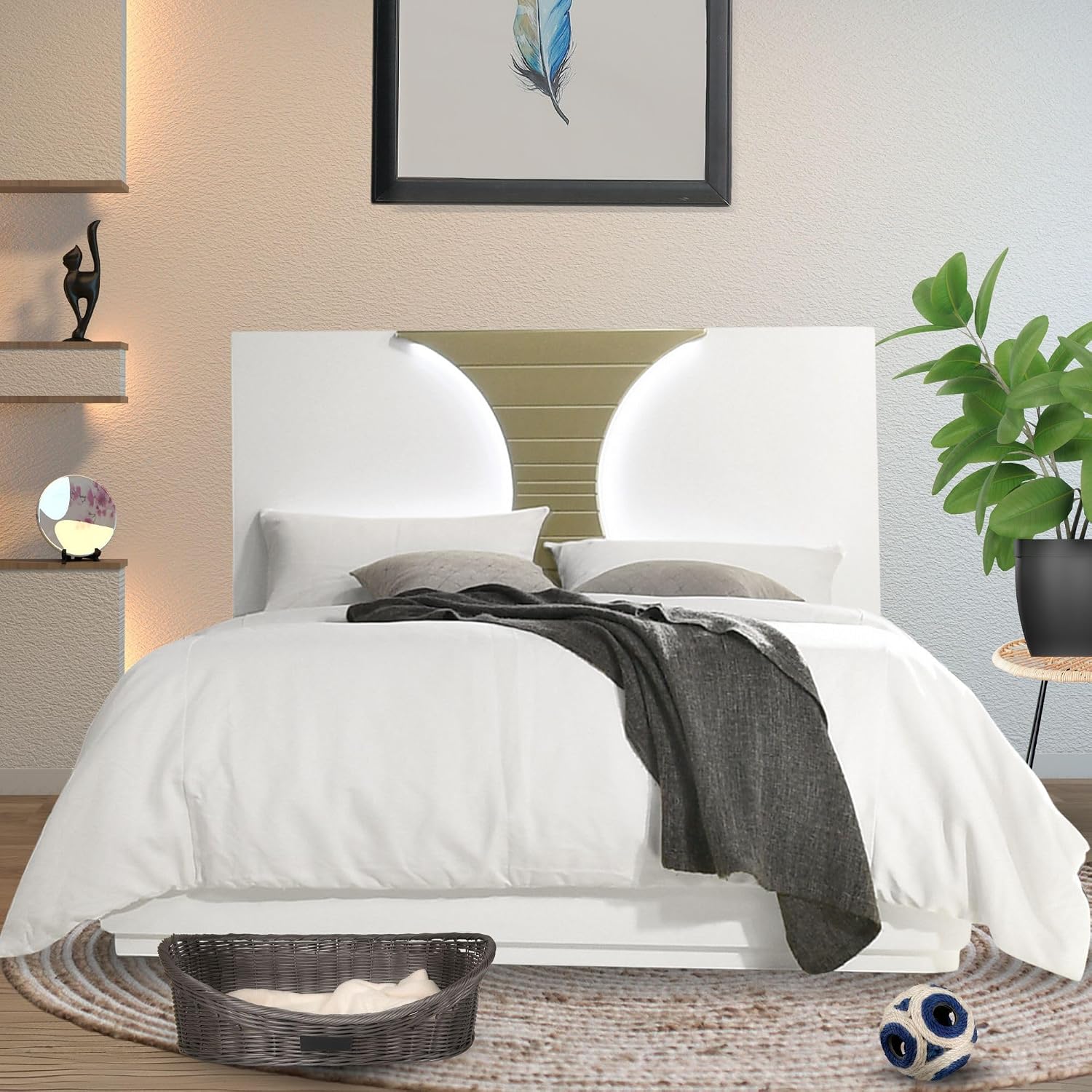 Kings Brand Furniture Claire Wooden Queen Size Bed with LED Headboard, White/Gold