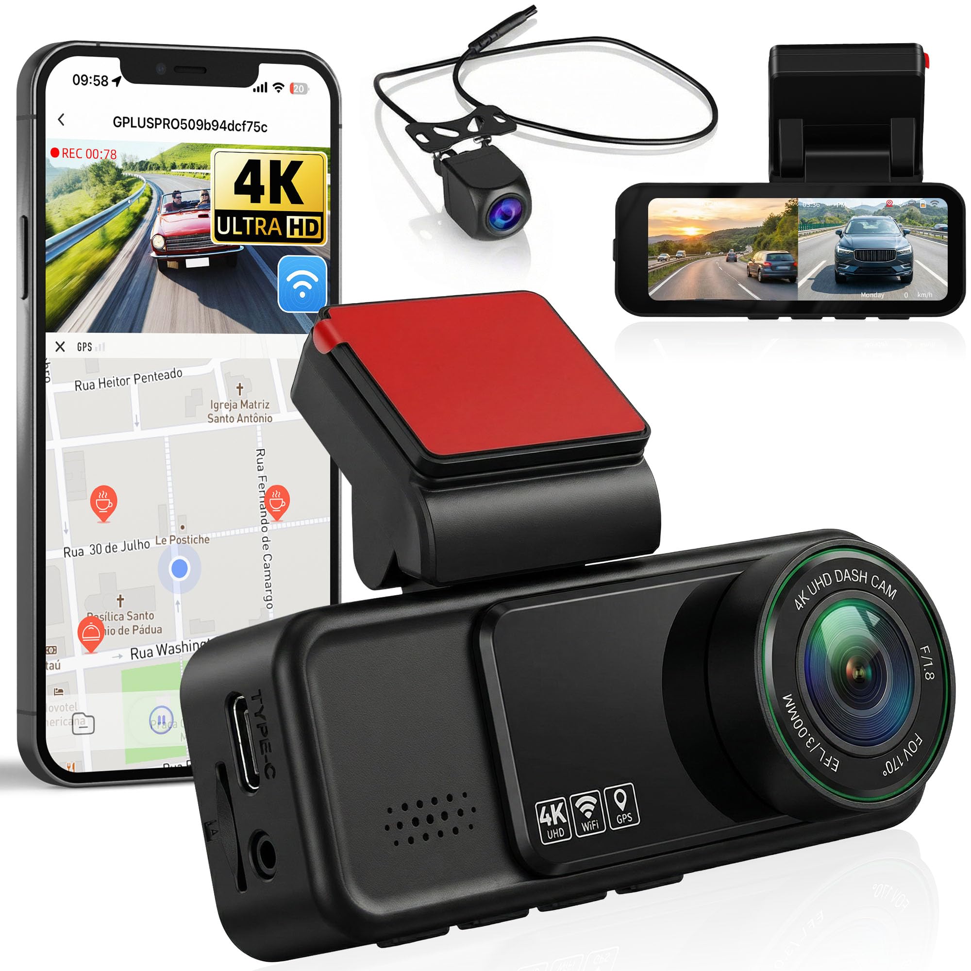 SIXWIN Dashcam 4K para Coche – Cámara Delantera 4K UHD y 2K Trasera Full HD, Pantalla 3.16″, WiFi y App, GPS, ADAS, Sensor de Golpes,Grabación Cíclica, Monitorización de Aparcamiento 24/7