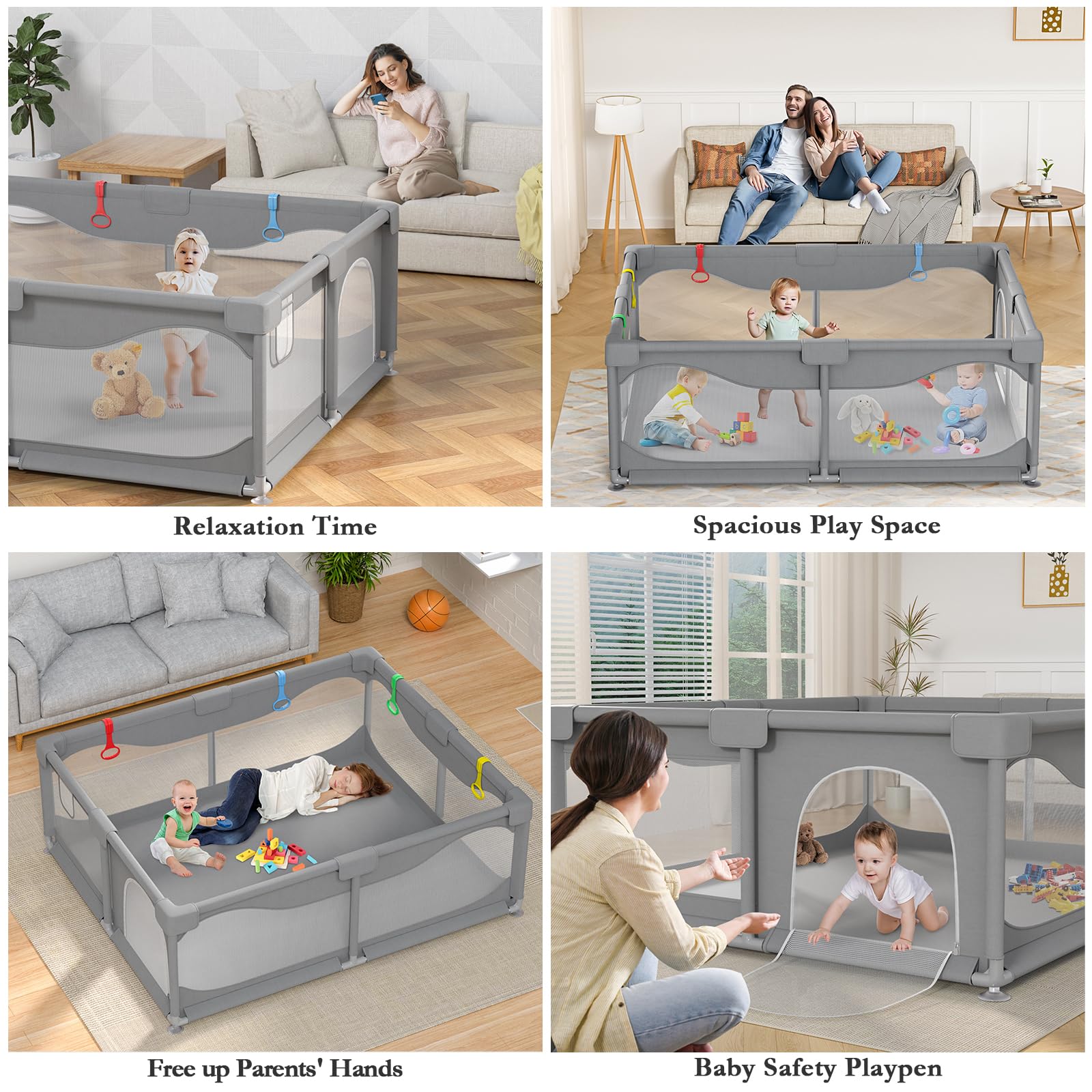 Box Bambini 200 x 180 x 68 cm, Recinto per Bambini Grande con Base a Ventosa, Tessuto Oxford 300D, Facile da Montare e da Pulire, Box Neonato - Senza Tappeto & Palline, Grigio