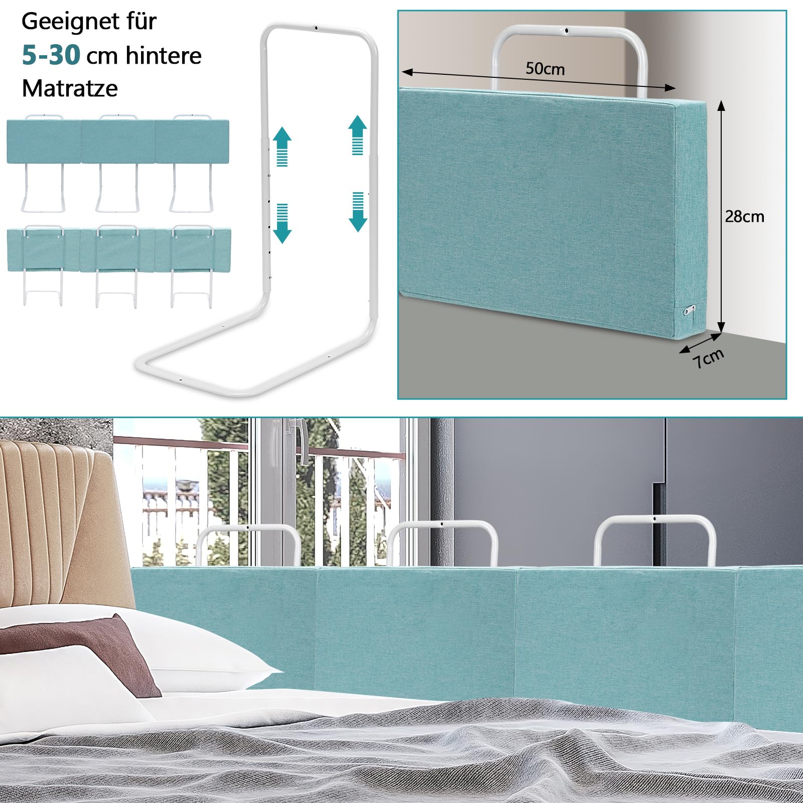 3 barandillas de cama de 50 cm para cuna, protección anticaídas, suave, altura regulable, 5 agujeros, verde, lino verde