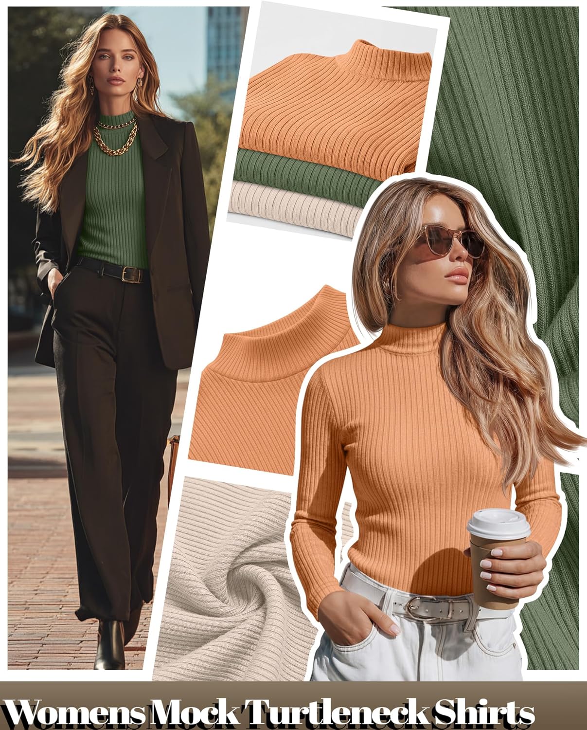 Riyiper 3 Pack Women's Ribbed Shirts, Mock Turtleneck Long Sleeve Tops Slim Fitted Undershirts Casual Basic Layering Tees - Image 5