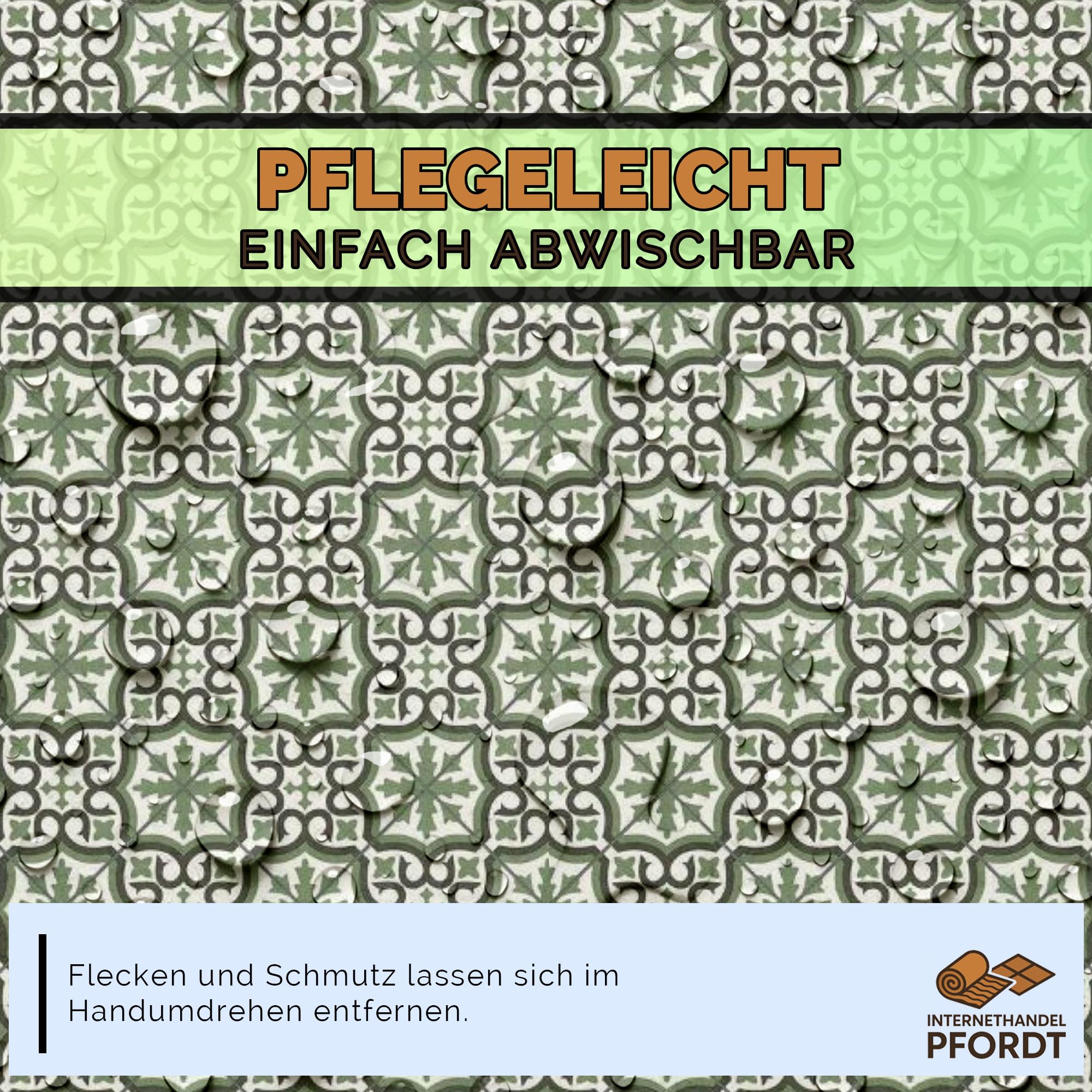 CV Bodenbelag Retro Fliese Grün, 500x200 cm, pflegeleichter PVC Vinylboden in Fliesenoptik, Meterware für Küche und Wohnzimmer