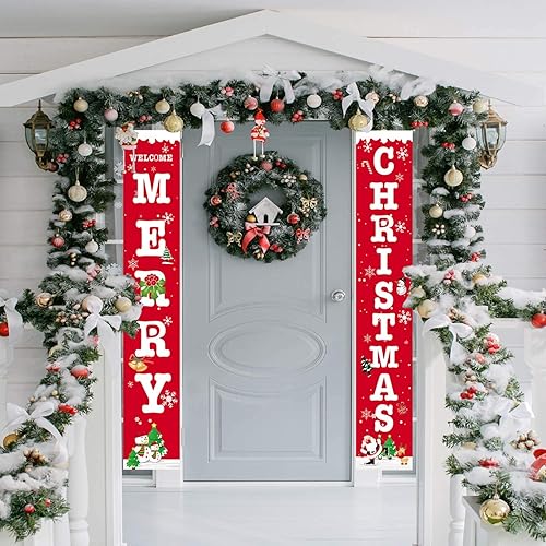 Miniatura 2 de Decoraciones navideñas de 13 x 70 pulgadas para puerta al aire libre, juego de letreros de porche delantero de Feliz Navidad, pancartas de