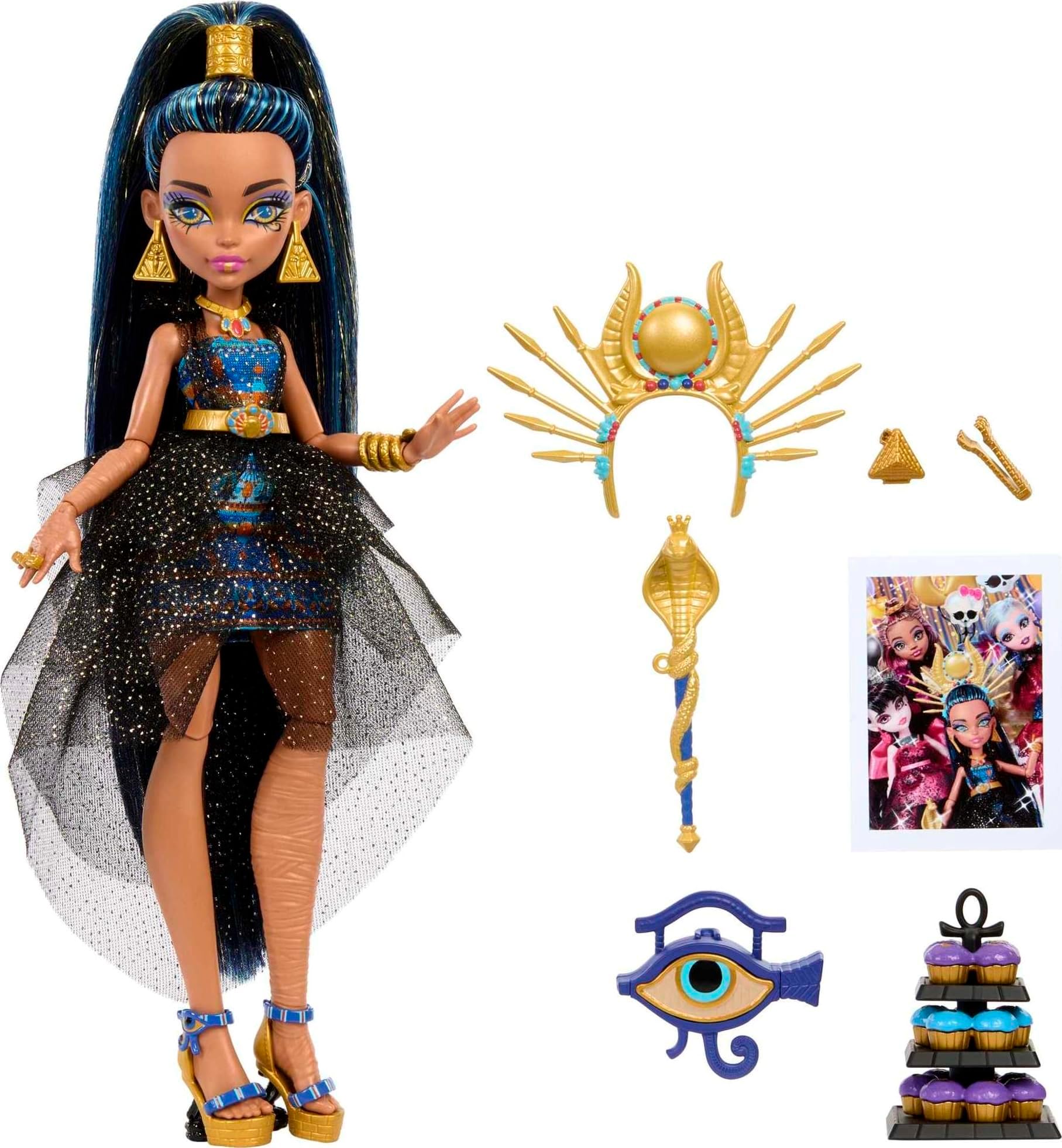 Monster Ball Doll, Cleo De Nile in Party Dress with Themed Accessories Including Scepter & Cupcakes