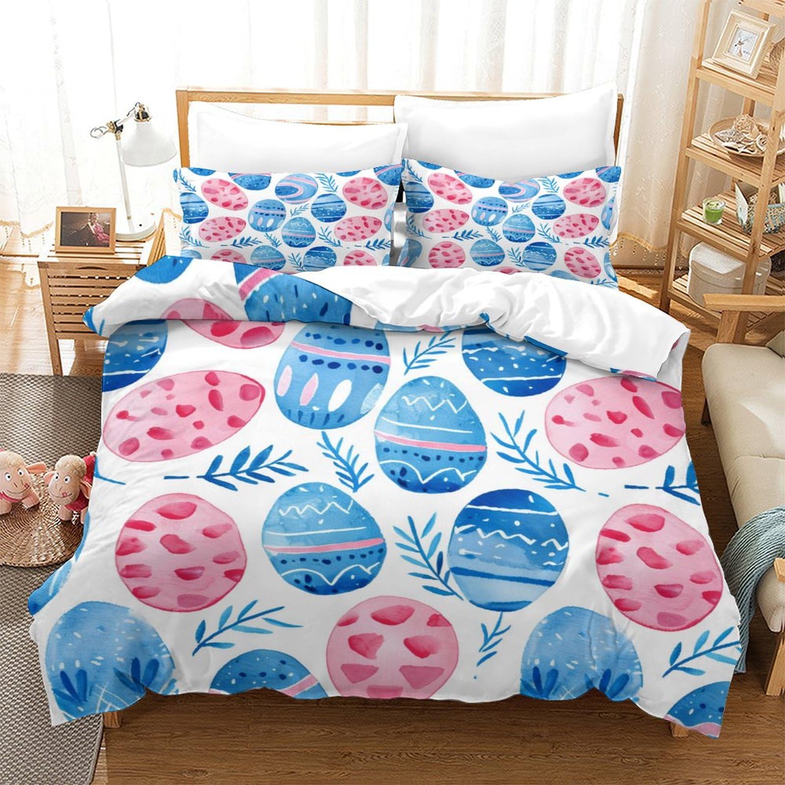 P1S9U7W5Y 3D Printed Easter Egg Pattern Duvet Cover Set 3pcs Microfiber Holiday Egg Bedding Set Single（140x200cm）