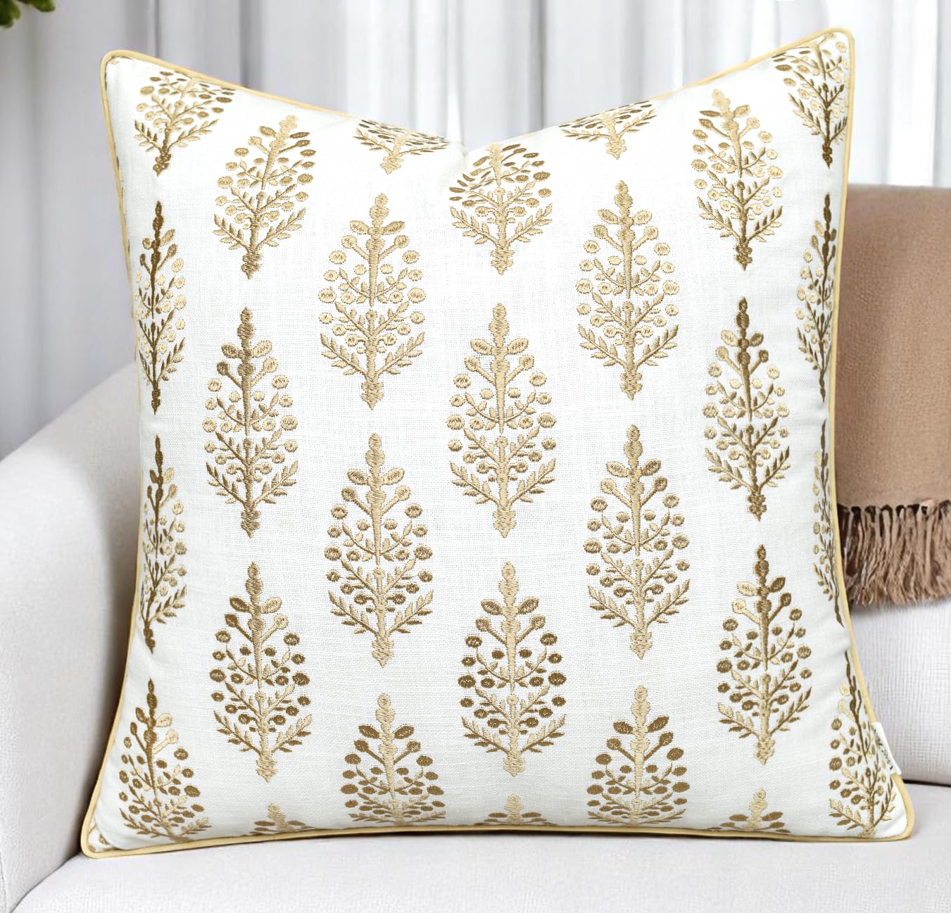 Chandni Paiseley Embroiderd Decorative Square Accent Throw Pillow Cover - Sofa, Chair, Couch, Bedroom, Living Room, Farmhouse Home Decor - 20x20 Inches-Ivory