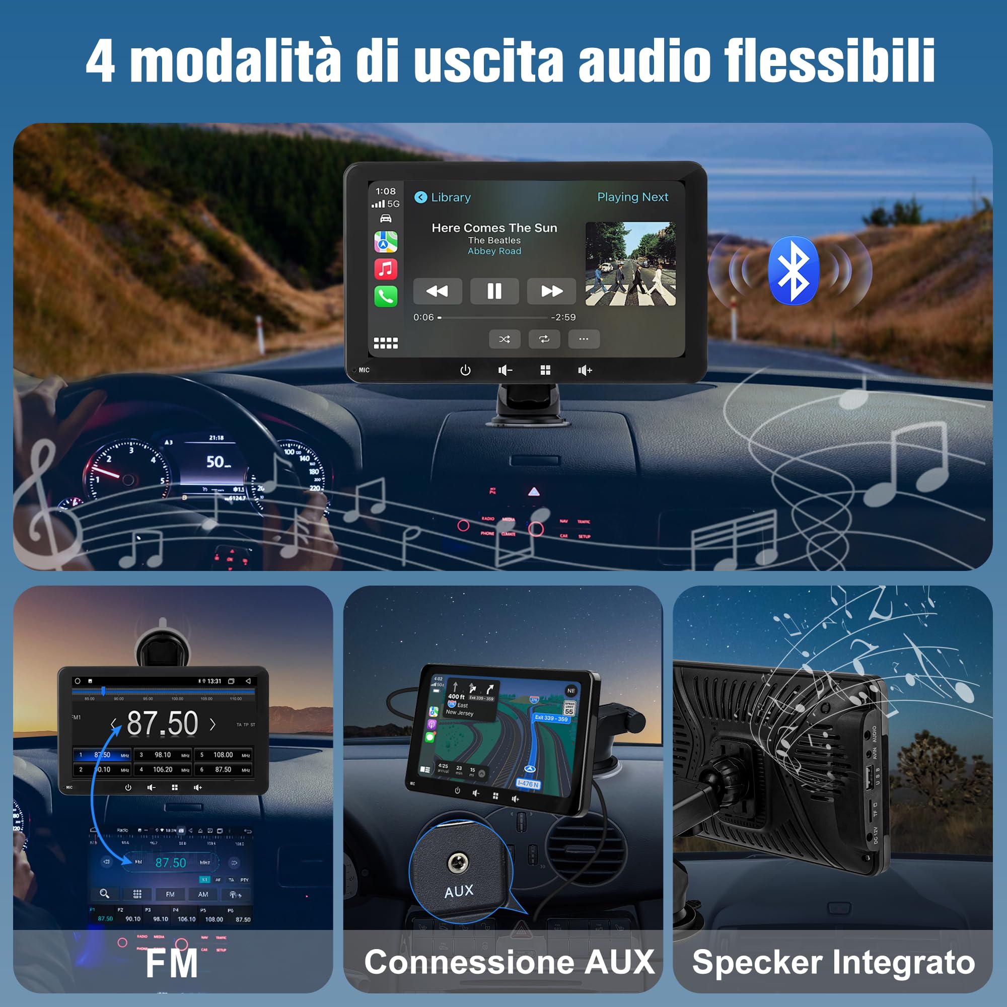 Portable carplayy Voiture, 7''Écran Portable sans Fil avec Wireless CarPlayy,Tablette pour Voiture avec BT, FM, Type C,Aux-in