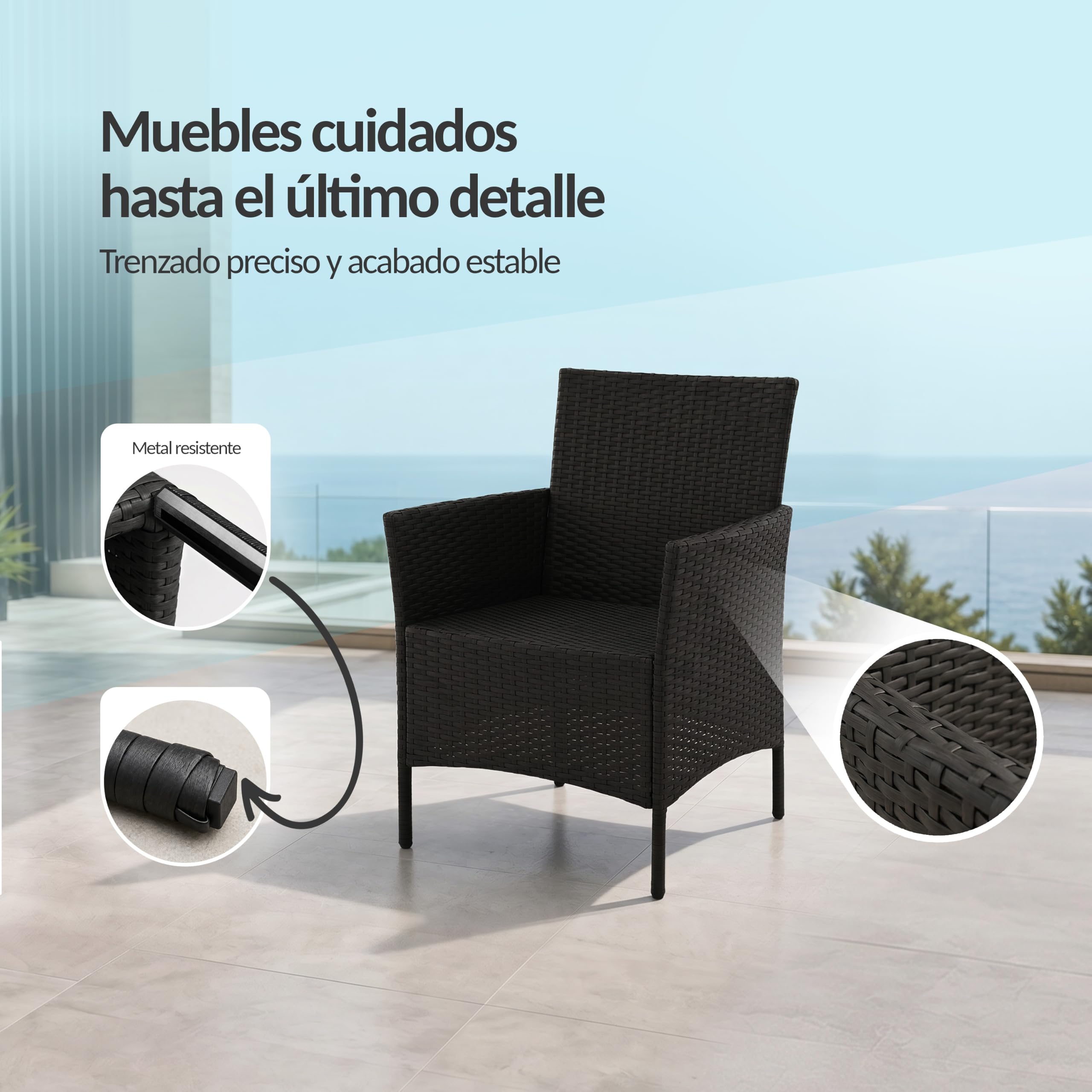 POKAR Conjunto Jardín Ratán Negro con Cojines de Asiento Antracita