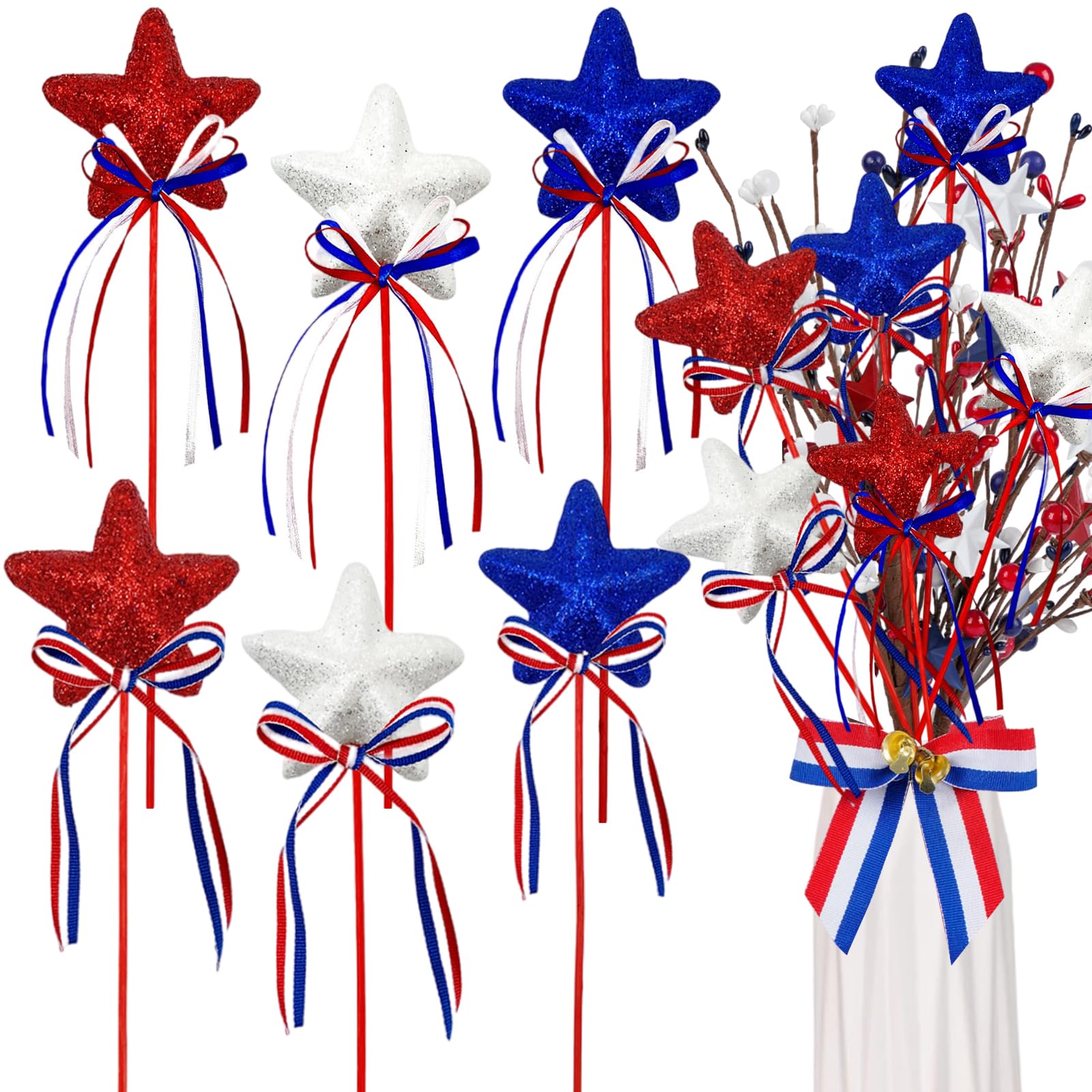 Photo 1 of 6 Pcs 4th of July Glitter Puffy Star Picks Foam Red White Blue Star Fairy Ribbon Streamer Wands Sparkly Sticks Patriotic Decor for Americana Independence Day Memorial Day Patriotic Party Supplies