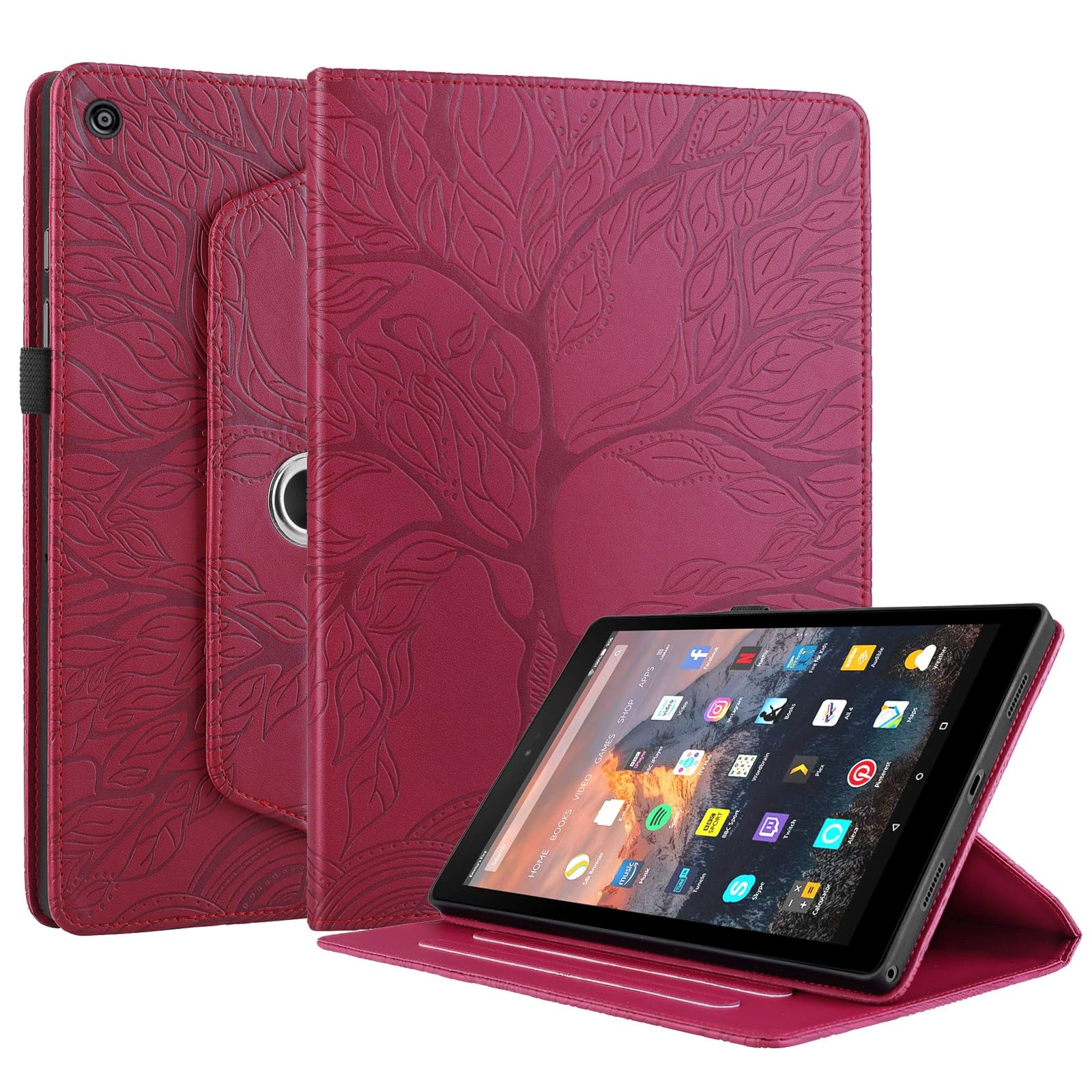 Kompatybilny z etui Kindle Fire HD 8 (7./8. generacji, wydanie 2016/2017/2018) na tablet obracany o 360 stopni stojak składany pokrowiec drzewo życia tłoczona powłoka(Rosso)