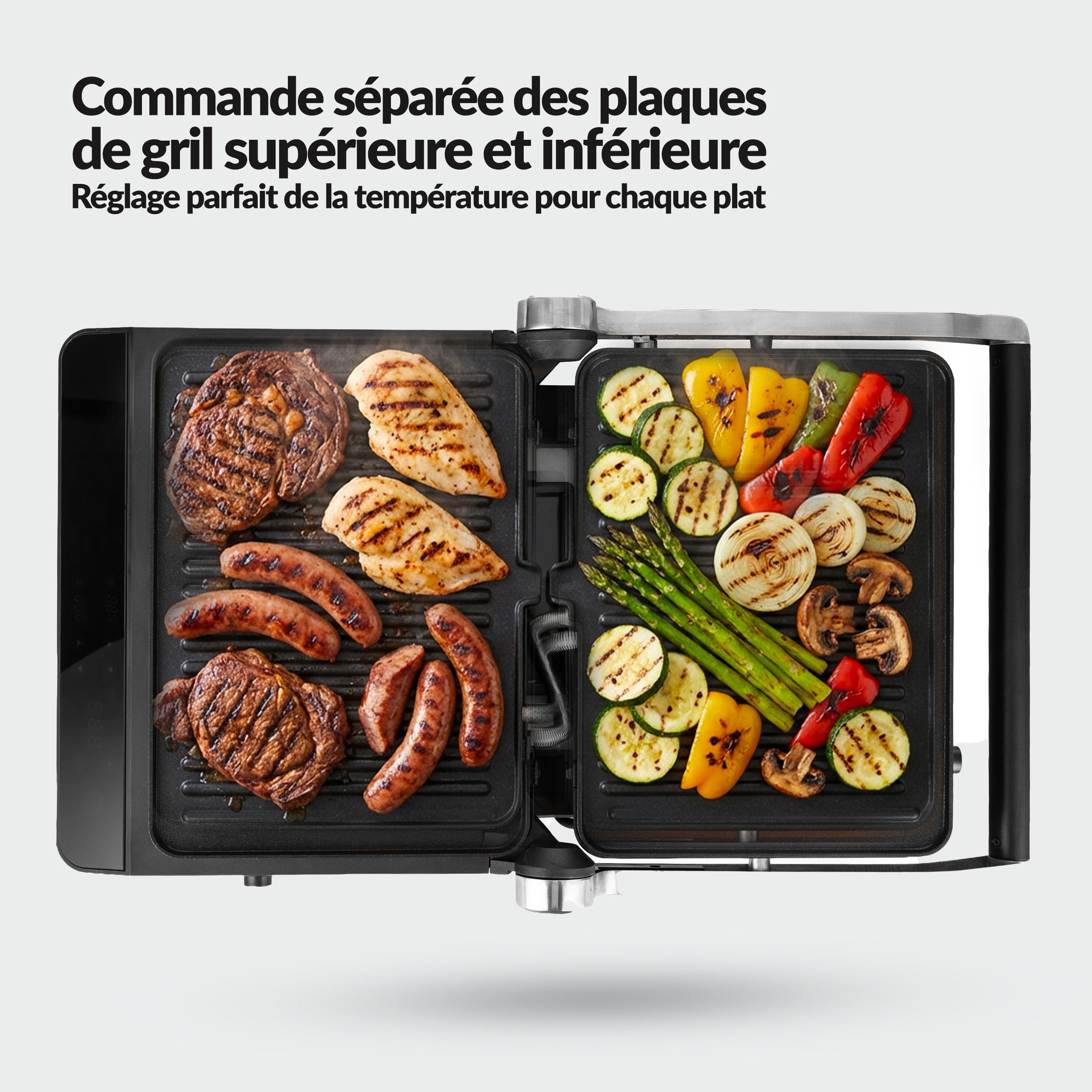 LEHMANN Grill électrique multifonction 2-en-1 pour Viande et Panini, 2000 W, Ouverture à 180°, Plaques Antiadhésives Amovibles, 10 programmes, Réglage Température 90-230 °C, Timer 1-240 min