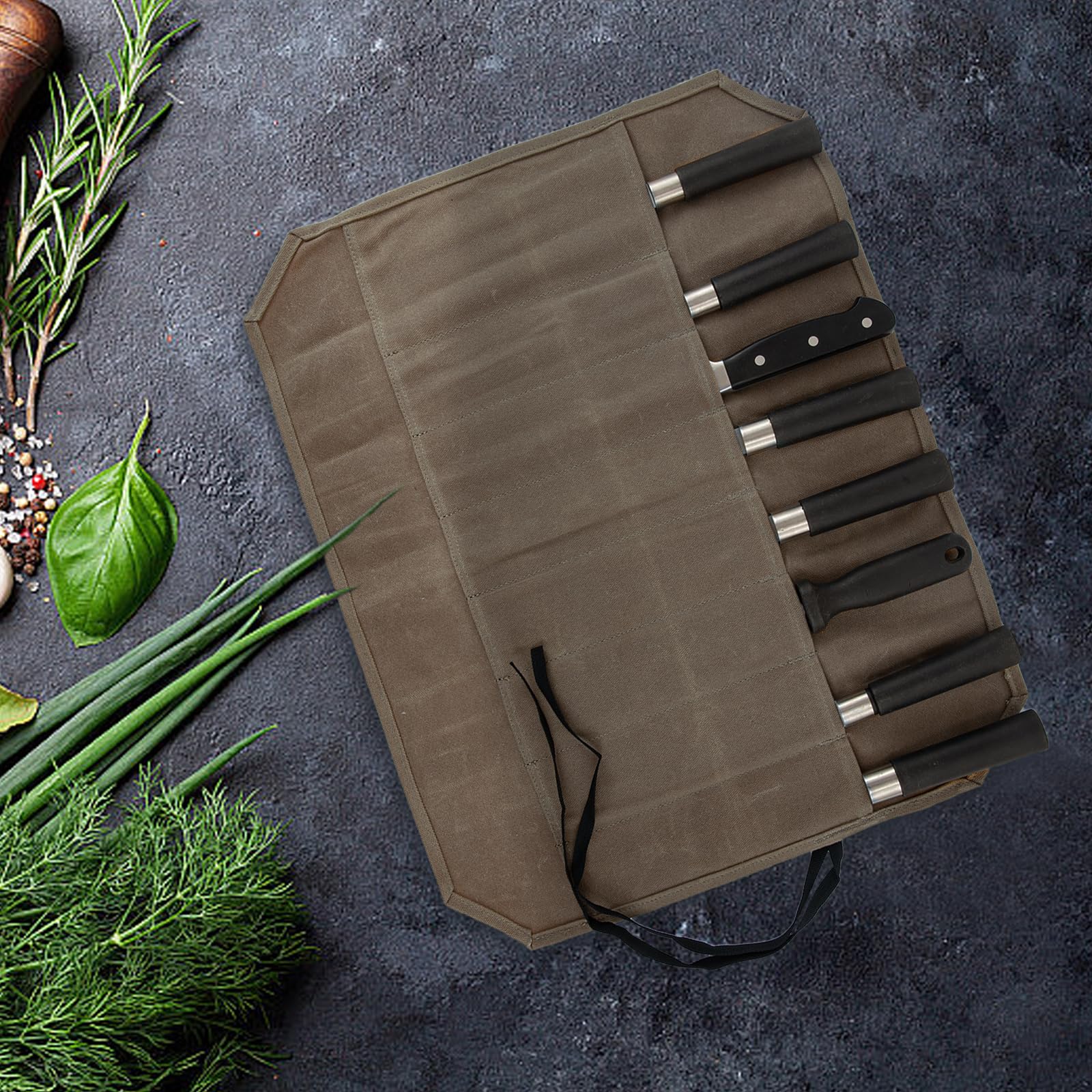 Messertasche,Koch Messer Roll Bag,Messertasche Kochmesser mit 8 Fächern für Messer und Löffel,Wachs Leinwand Messer Case Lagerung,Geschenke für Pro-Köche oder kulinarische Enthusiasten (Kaffee)