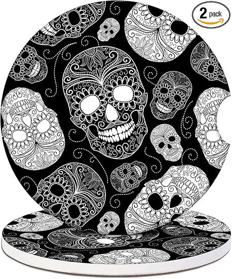 Car Cup Holder Coasters - Black White Sugar Skull Absorbent Ceramic Coaster 2 Pack, Car Coasters for Cup Holders, Fashion Car Interior Accessories Drink Coaster for Women & Men