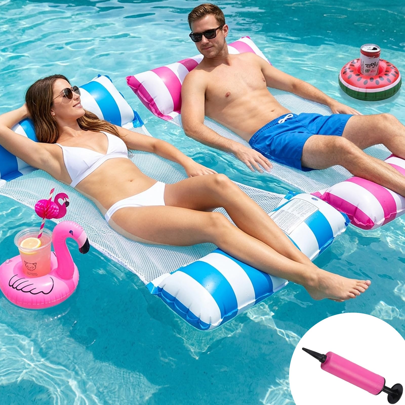 Pool Hammock Floats For Adults, 2 Pack Inflatable Pool Lounger With Drink Holders, Multi-Functional Water Hammock For Pool And Beach Relaxation