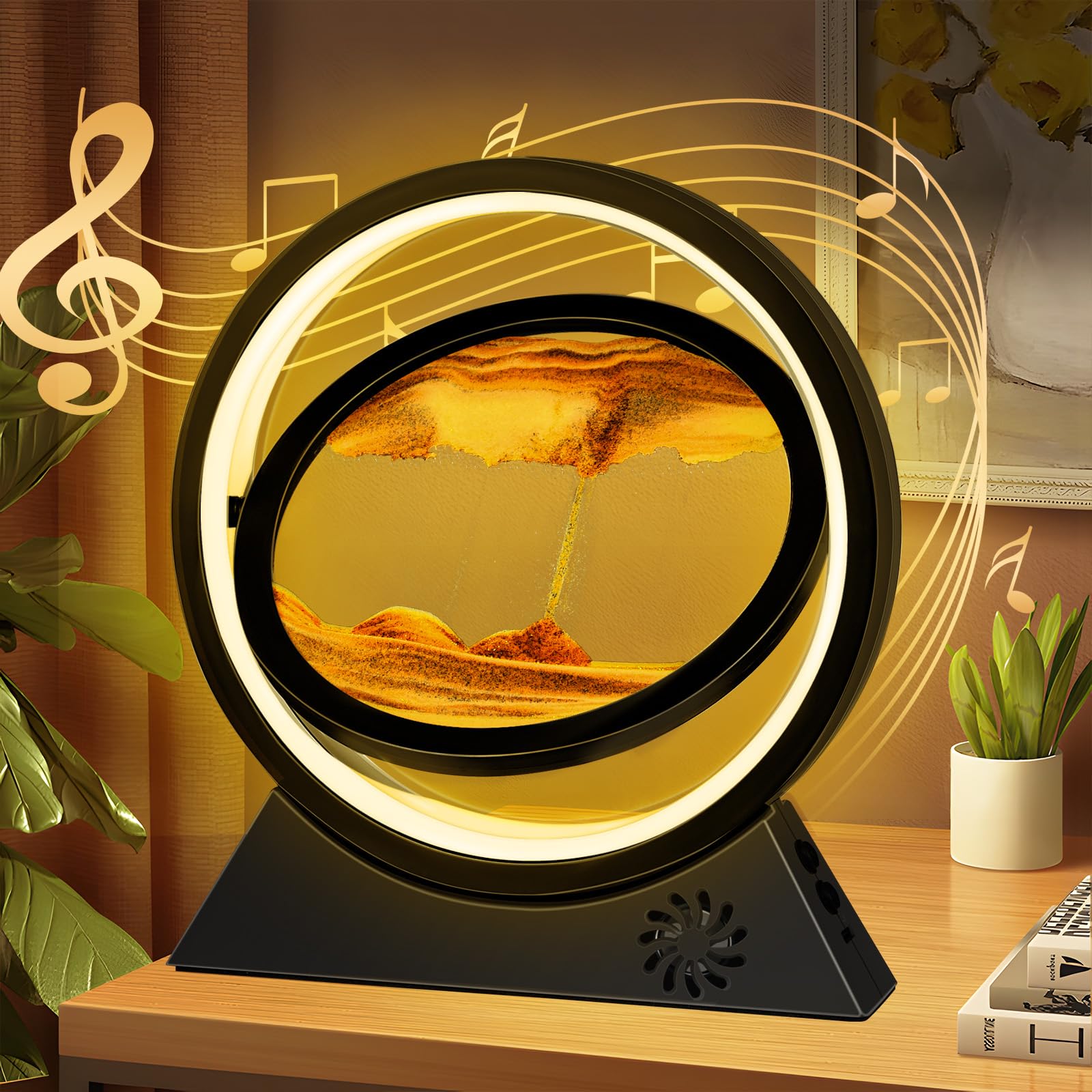 BuzzoXerex Sandbilder Zum Drehen, Fließende Sandmalerei mit LED Licht, Bluetooth Fähig 10 Zoll Bewegende Sandkunst 3D Dynamische Sandbild für Büro Wohnzimmer Schreibtisch (Schwarz-Orange)