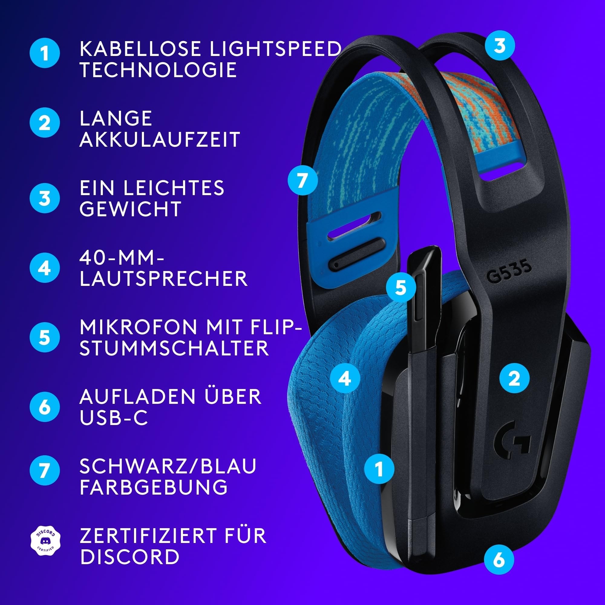 Logitech G G535 Lightspeed Wireless Gaming Headset On-Ear-Kopfhörer 33h Akku PS5 PS4 PC USB-C Schwarz Blau
