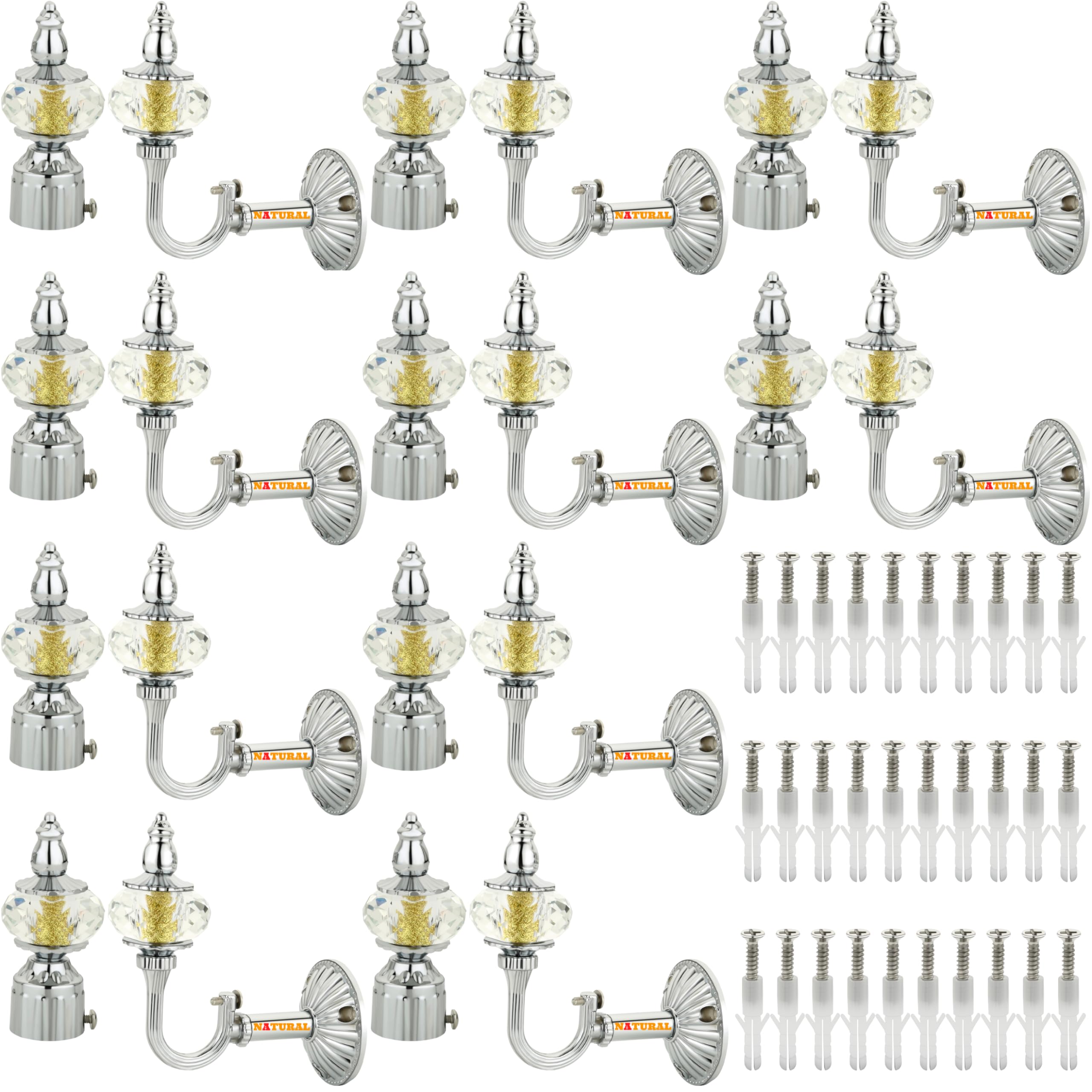NATURAL Heavy Duty Aluminum Royal Luxury Design Curtain Bracket/Finial and Curtain Support with Screw/Wallplug for Window & Door Curtain Fittings Suitable Upto 1 Inch Pipe. (10 Set, Chrome)