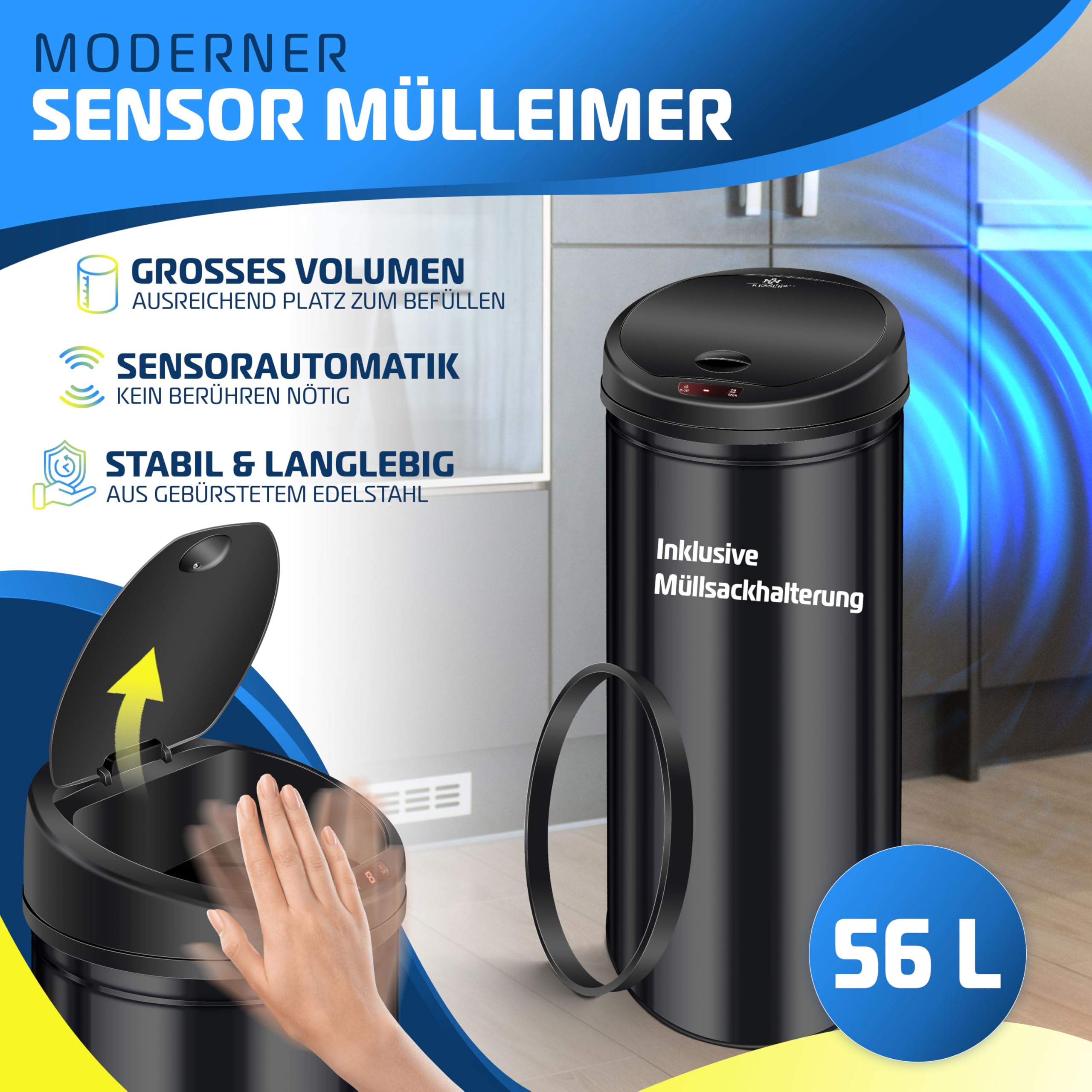 KESSER Sensor Mülleimer 56 Liter Edelstahl Schwarz Automatik Abfalleimer