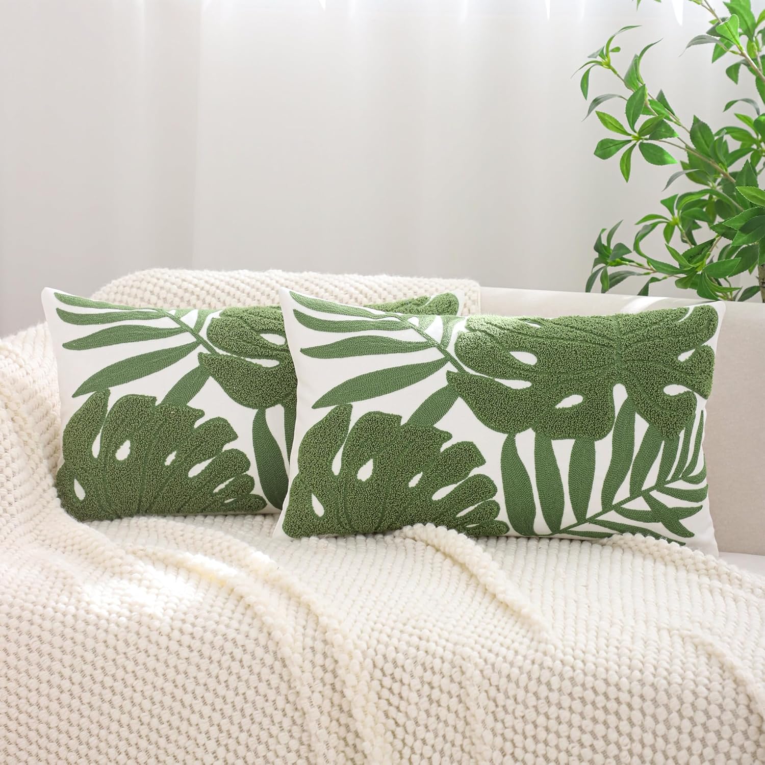Tosleo Green Tropical Leaf Embroidered Throw Pillow Covers 12x20 Inch Set of 2 Monstera Palm Leaves Couch Lumbar Pillowcases Botanical Plant Tufted Cushion Case Spring Summer Home Decor - Image 4