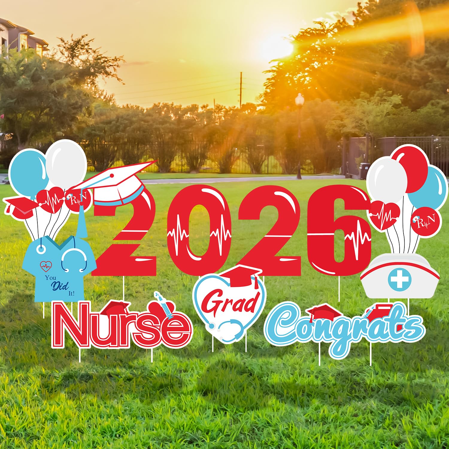 Photo 1 of ?Quera 14 Pcs Nurse Graduation Yard Signs with 28Pcs Stakes Grad Cap Lawn Sign Waterproof Congrats Grad Lawn Decorations Medical Nursing Graduation Party Lawn Decor supplies
