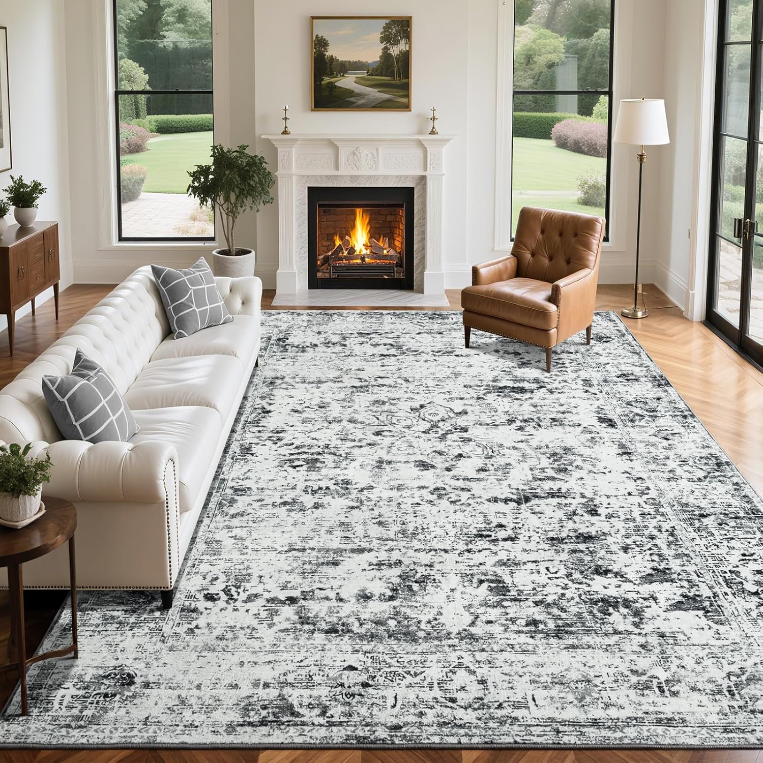 Unirea 8x10 Area Rugs for Living Room, Large Washable Grey White Rug, Thin Non Slip Low Pile Carpet, Vintage Abstract Boho Rug for Bedroom, Dining Room, Farmhouse, Home Office, Gray Light Grey/White 8x10 Feet