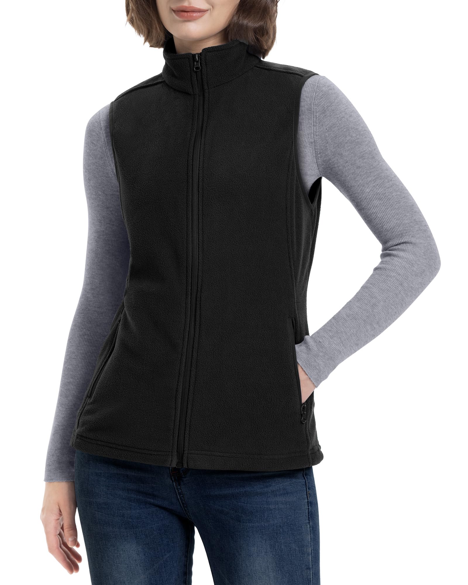 33,000ft Damen Fleece Weste Jacke Standkragen Ultraleicht Outdoor Westen Tops mit Taschen Reißverschluss Gilets Damenweste