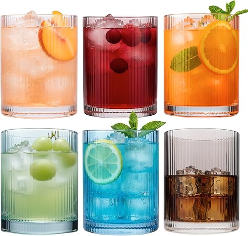 Physkoa Juego de 6 vasos acanalados  13 onzas de vidrio colorido inspirado en la vendimia  Pesado, duradero, perfecto para agua, cócteles, café y