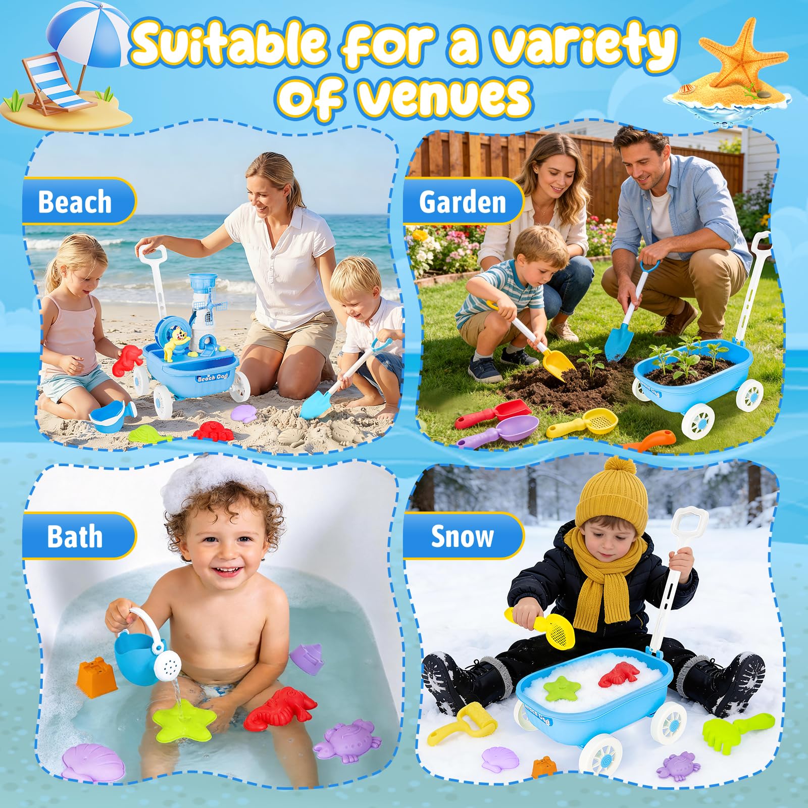 deAO Carretilla de Juguete para Niños, Set de Playa y Jardinería 21 Piezas - Incluye Carretilla, Rastrillo, Pala, Regadera, Molde de Agua y Moldes de Arena - Juguete Exterior para Niños 3 4 5 6 7 Años