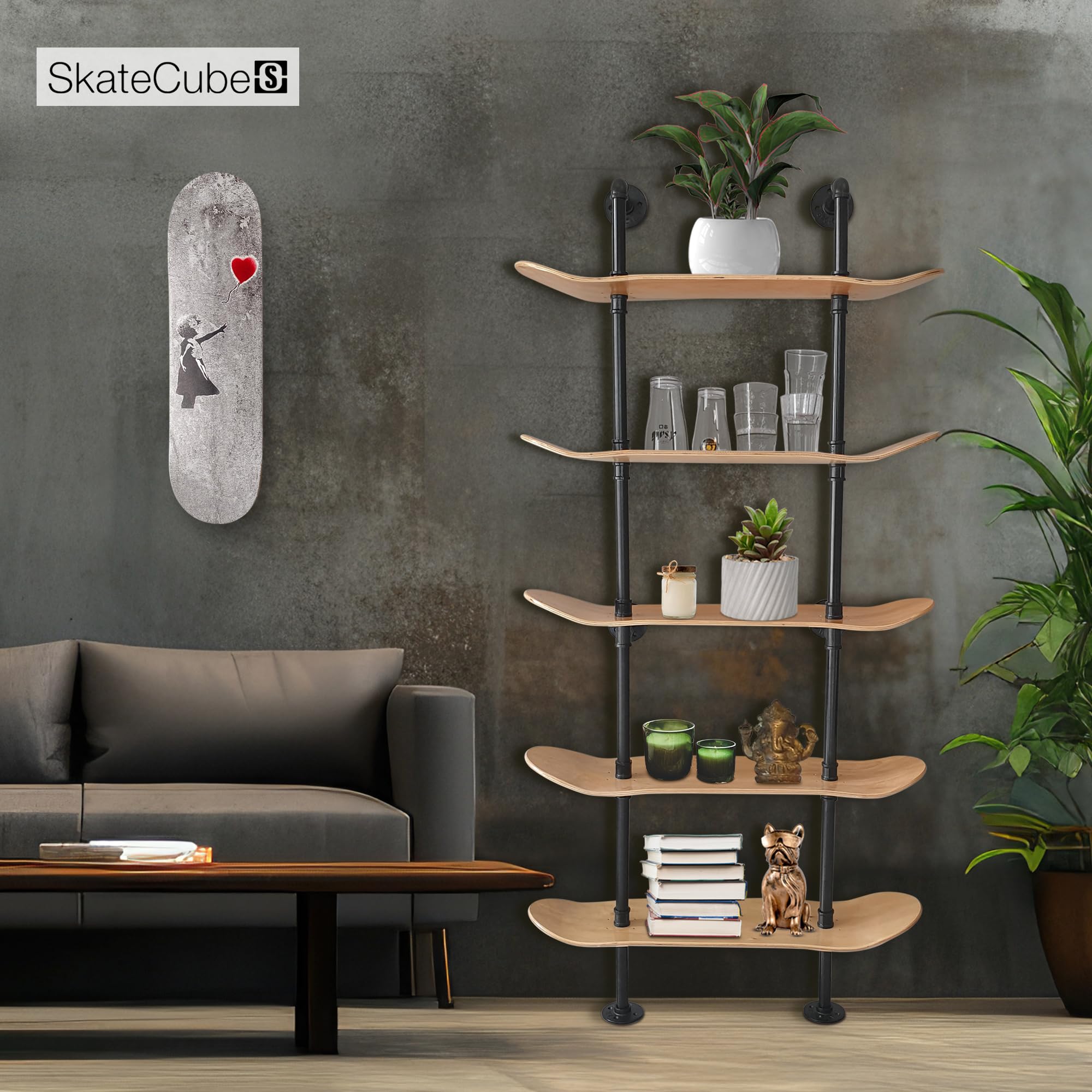 Estantes industriales – Estantería de tubería de decoración industrial de 5 niveles con cubiertas de patineta de 7 capas – Acabado de madera natural – Decoración de pared de baño, muebles de sala de 2