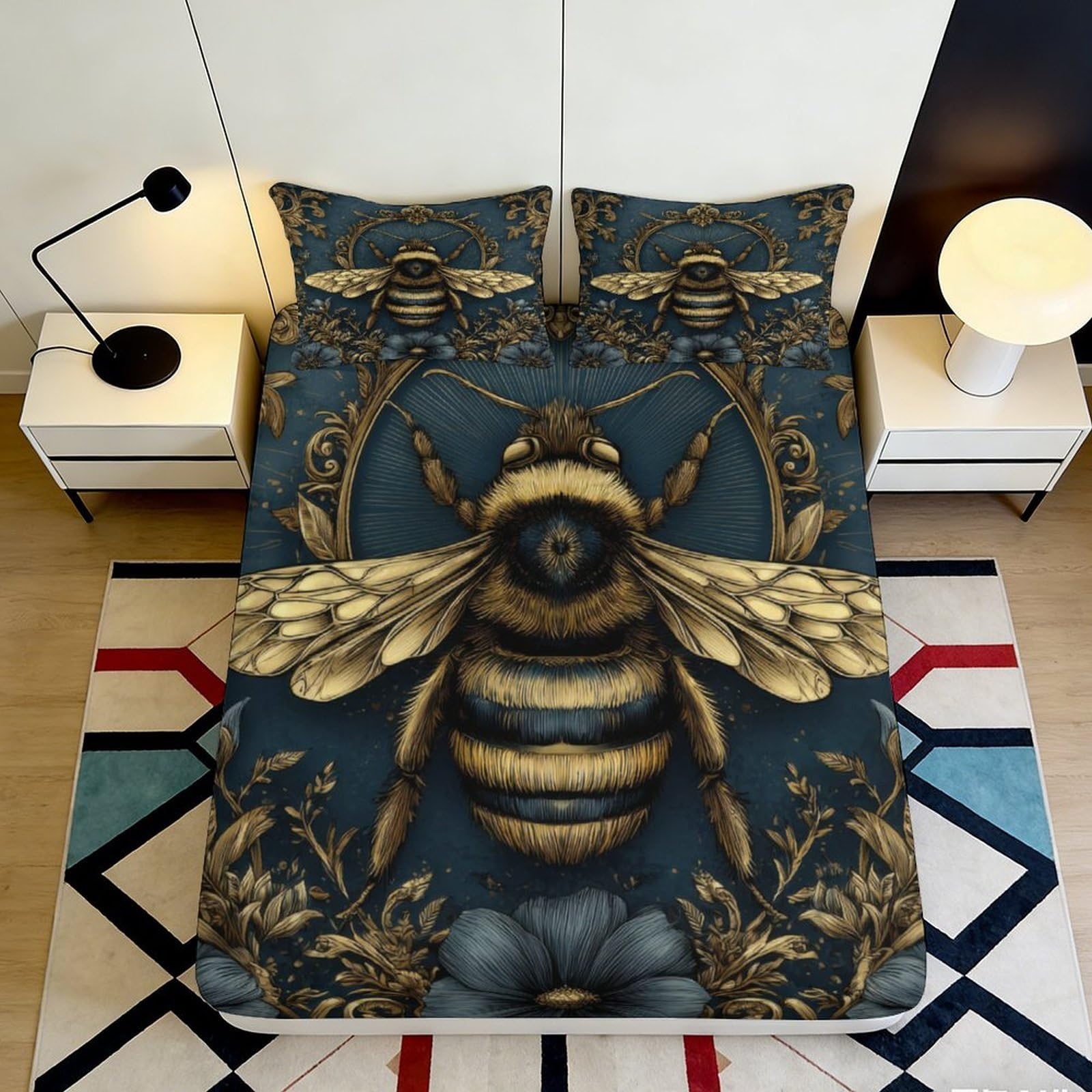 3D Printed Vintage Bee Fitted Sheet Microfiber Soft Breathable Floral Bed Cover for Bedroom Dormitory Guest Room Mattress Protection Decor 140x200x25cm