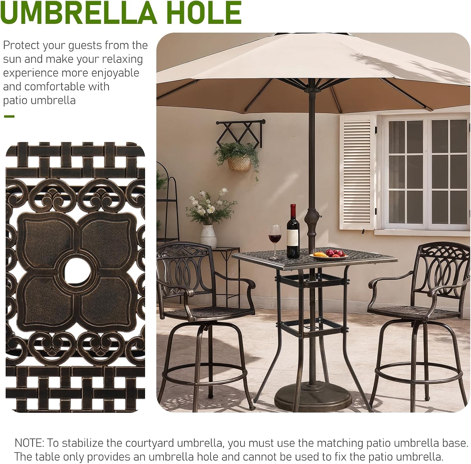 Outvita Outdoor Bar Table, Cast Aluminum Patio Bar Table with Umbrella Hole 42" Height Square Bistro Table Tall Dining Table