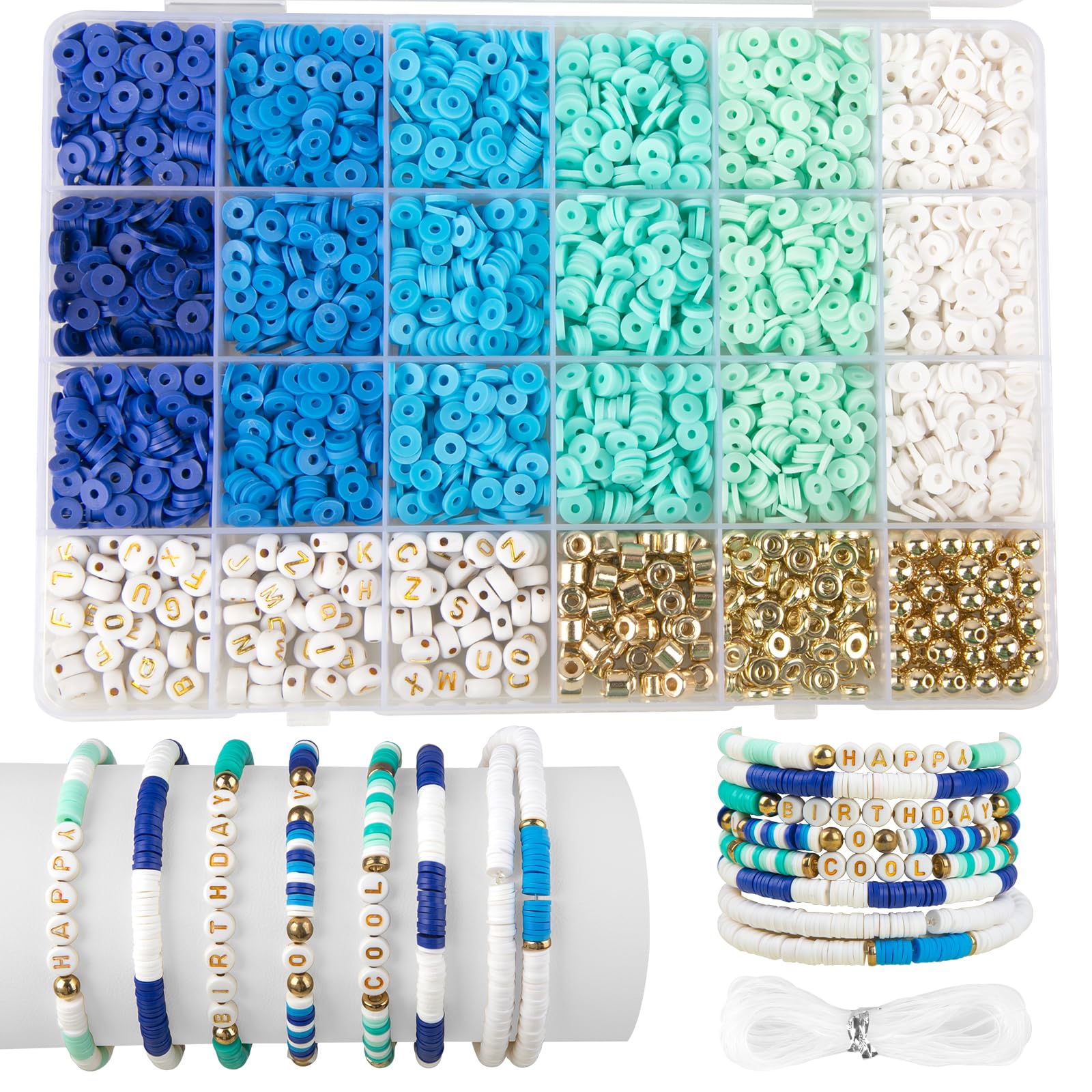 yumcute Blue Clay Beads Bracelet Making Kit, 3000pcs Jewellery Making Kit, 6 Color Clay Bead Kit, Light Color Friendship Bracelet Making Kit (Blue)