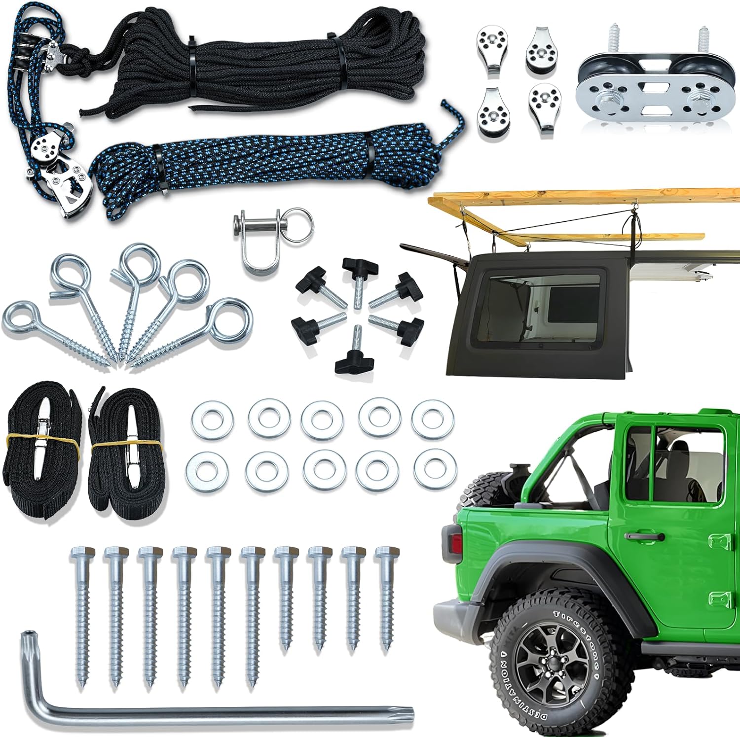 Hard Top Removal Lift for Jeep Wrangler - Top Lift Hoist for Jeep JL JK Models and Ford, Single Person Operation Roof Lift, Safe Anti-Drop System, Supports 8-16 ft. Ceiling, Bonus 6 T Knobs