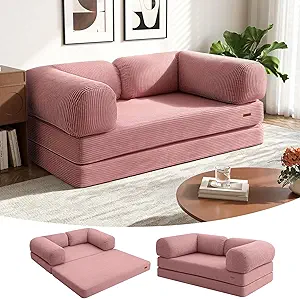 COMAX Folding Sofa Bed Queen, 4-in-1 Convertible Foldable Floor Couch Futon Sofa with Armrests, Sleeper Mattress Fold Out Chair Bed Comfy Portable Lounge Guest for Living Room Bedroom, Pink