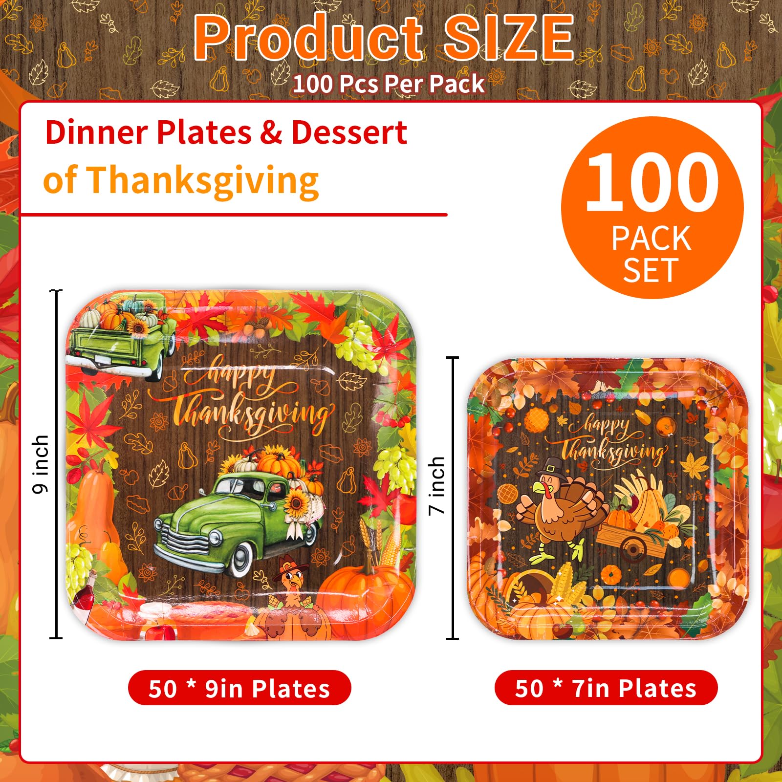 BFUN Thanksgiving Plates Party Set, 100pcs Fall Party 9” dinner plates and 7” dessert Plates Harvest truck Dinner Plates, and Turkey Dessert Plates for Thanksgiving party favors and Harvest party