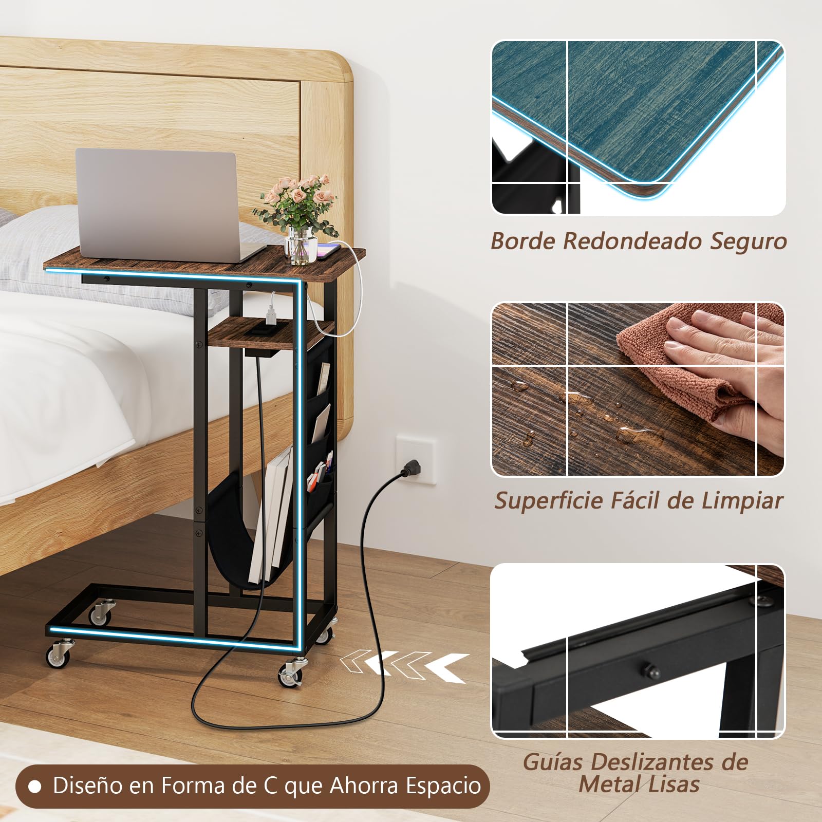 GYMAX Mesa Lateral con 4 Ruedas, Mesa con Superficie Extensible, Mesa en Forma de C, Mesa de Noche con Bolsillo y Estación de Carga, Ideal para Sala de Estar y Dormitorio (Marrón Rústico)