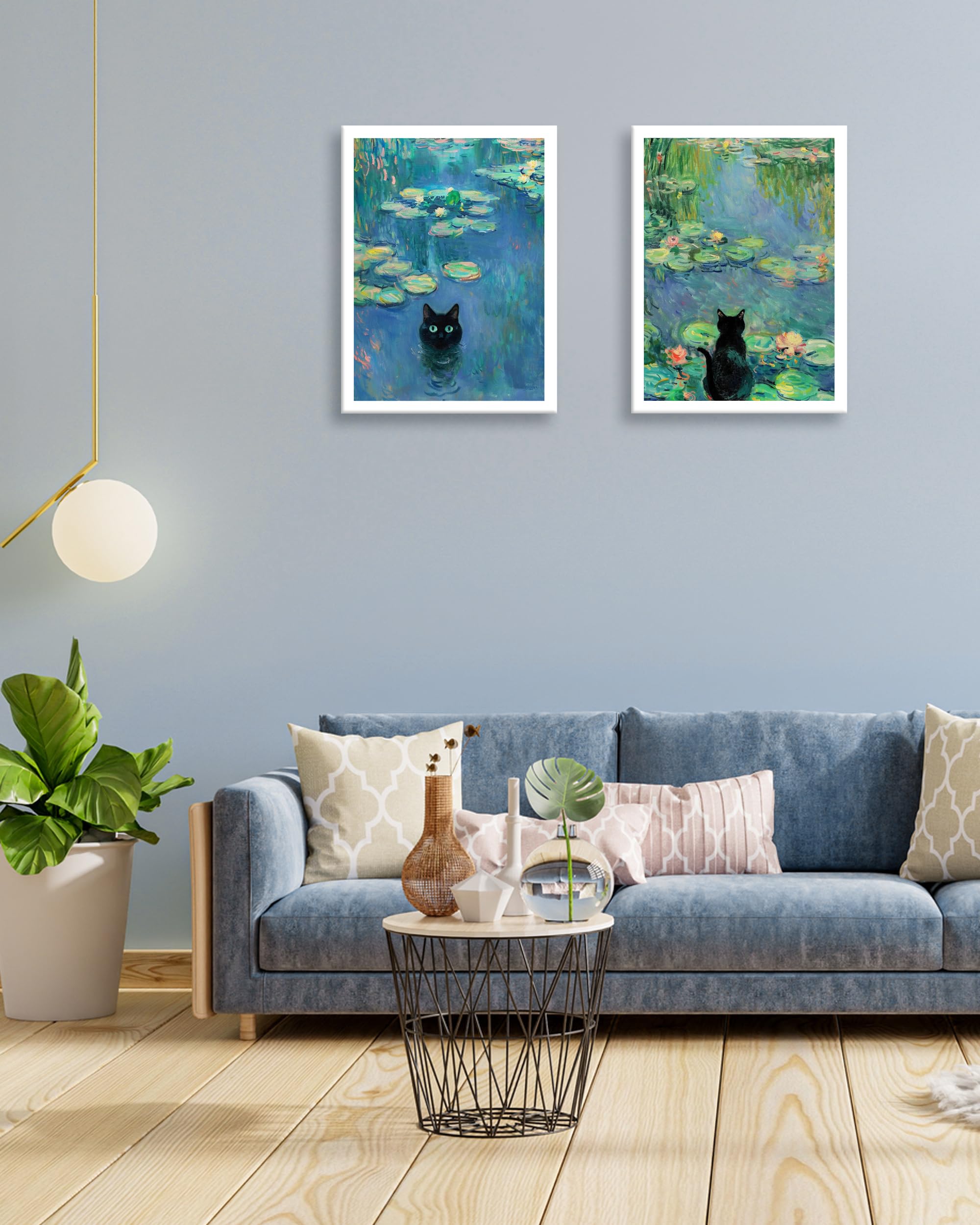 HesenDot Cat Head Framed Wall Art,30x40CM Claude Monet Waterlily Cute Cat Canvas Poster,Funny Animal Painting Print Wall Decor for Home Living Room Kid Bedroom Bathroom,Set of 1 - Image 4